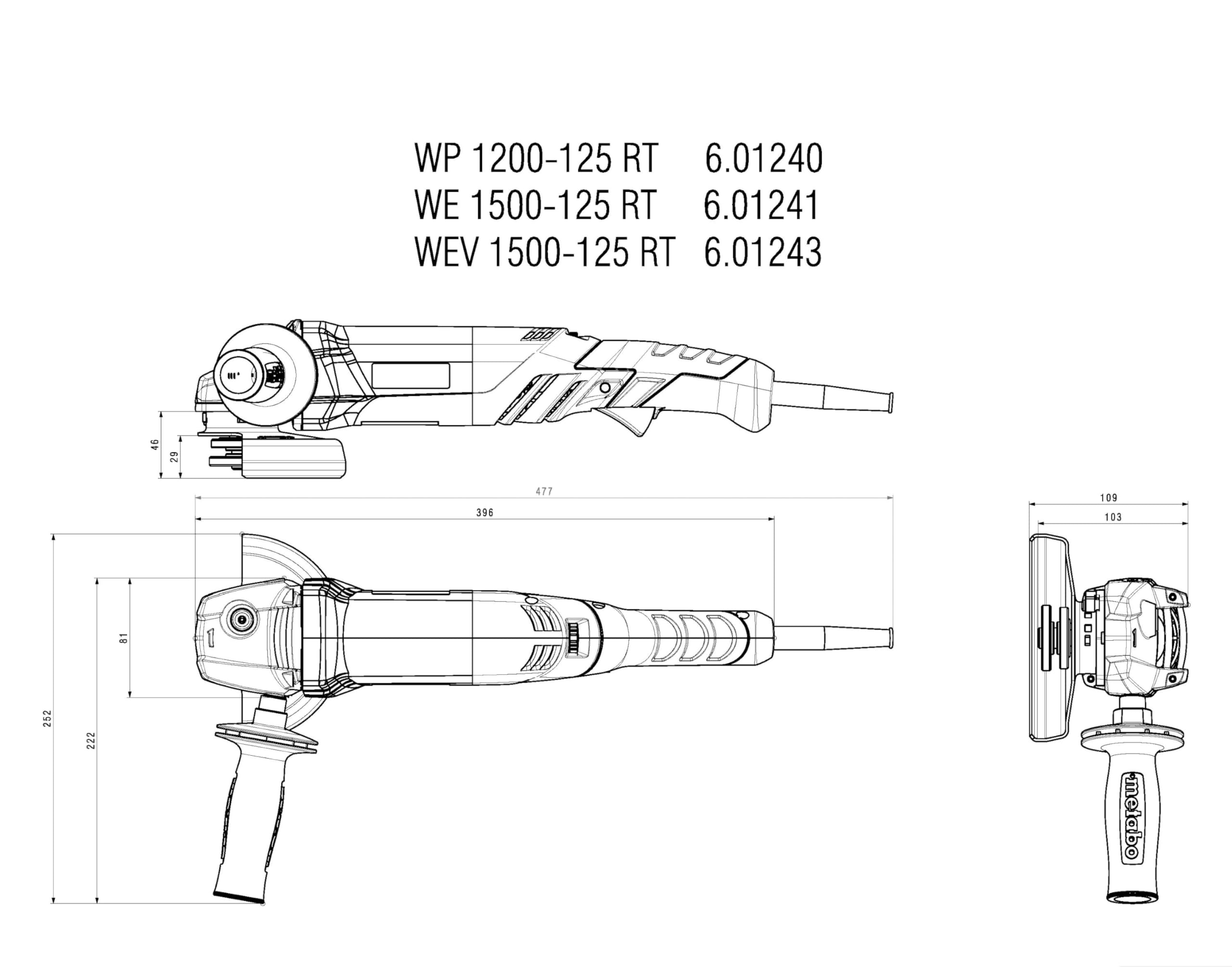 metabo Szlifierka kątowa WEV 1500-125 Quick RT – 1500 W, średnica tarczy 125 mm – regulacja prędkości obrotowej, nakrętka szybkomocująca, wydajna i ergonomiczna do precyzyjnej pracy, w zestawie