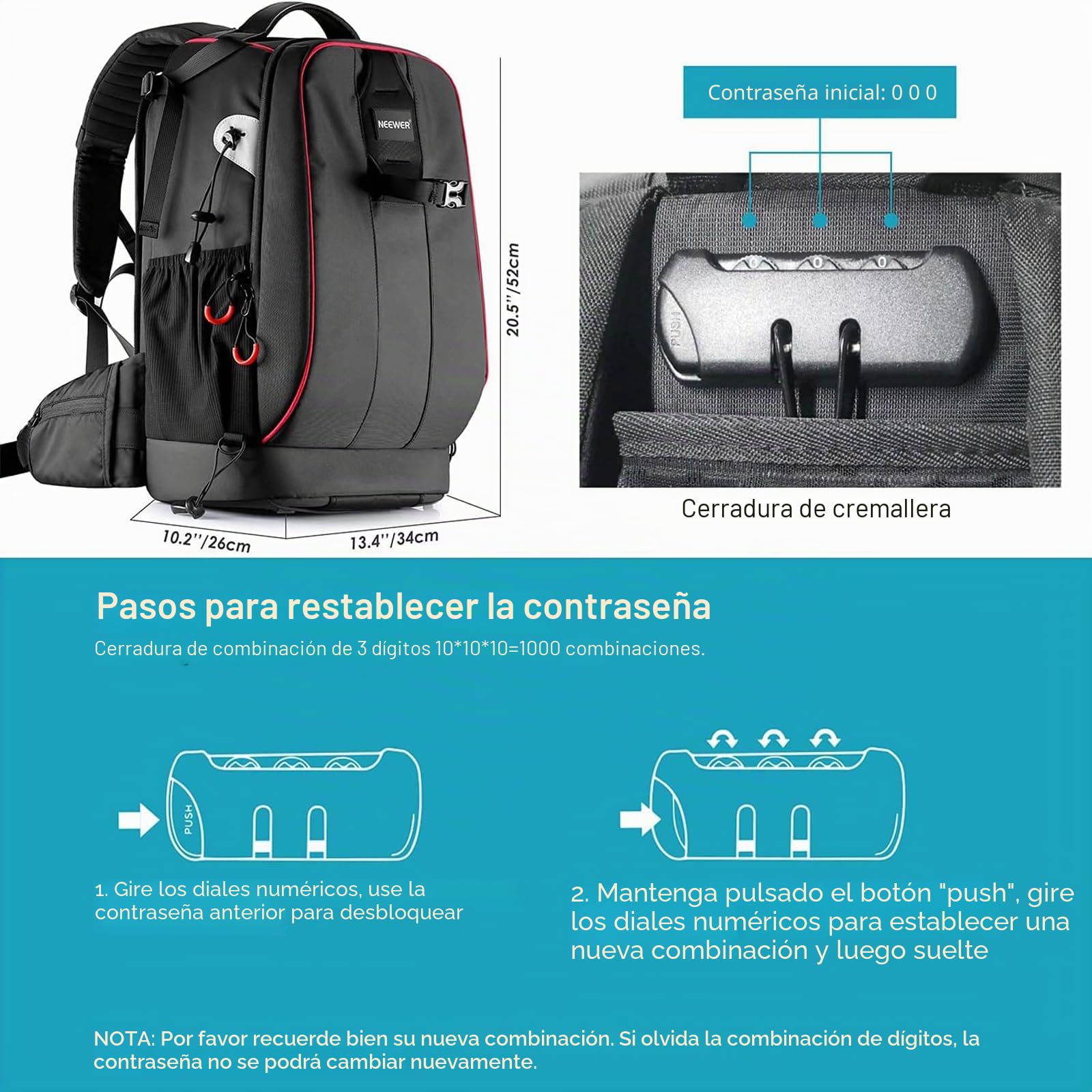 Neewer Pro Mochila de Cámara Impermeable a Prueba de Golpes Ajustable Acolchado Bolsa con Bloqueo de Combinación Antirrobo