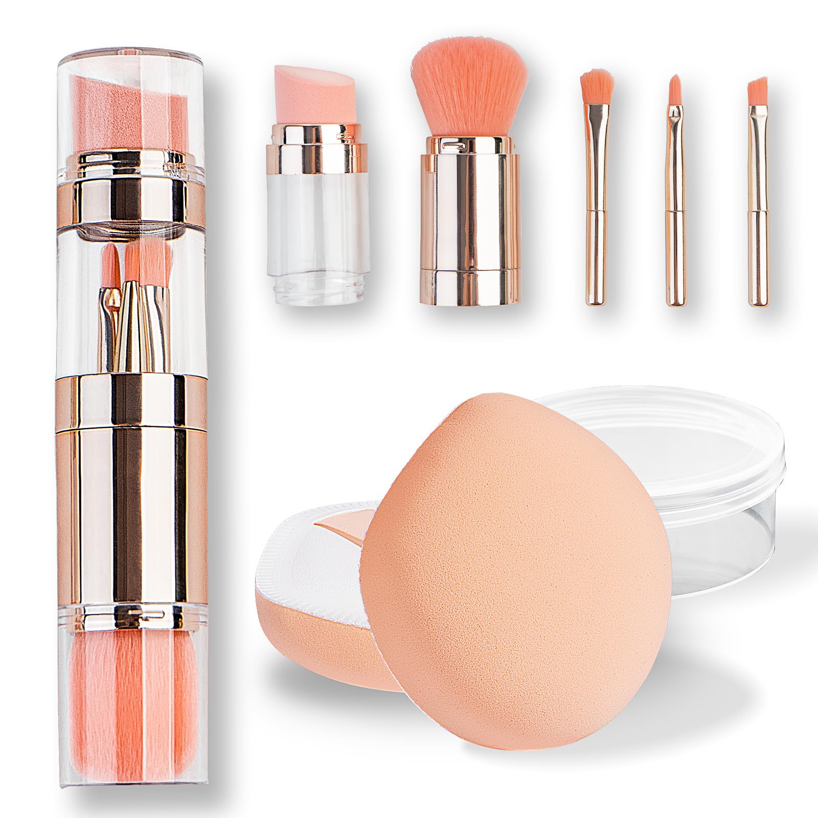 5-in-1-Make-up-Pinsel, Reise-Make-up-Pinsel-Set mit zwei Enden, Mini-Make-up-Pinsel, Stift, Foundation, Puder, Concealer, Schatten, Rouge, Make-up-Pinsel mit 2 Schwamm-Puffs, Geschenkidee für