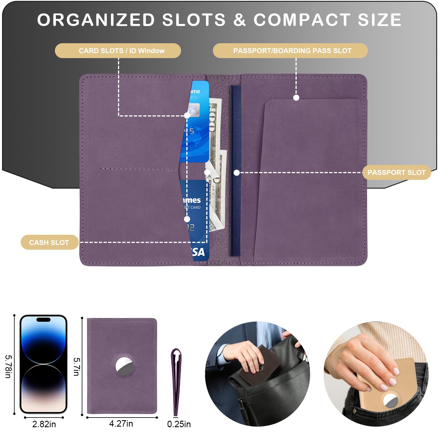 Airtag - Custodia per passaporto, per donne e uomini, in vera pelle, fatta a mano, con slot per Airtag, accessori essenziali da viaggio, regalo di compleanno (cavallo pazzo, viola), Viola, Per Airtag