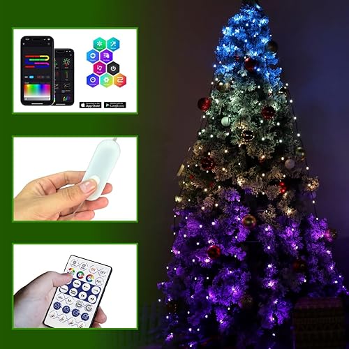 Miniatura 9 de Guirnalda de luces para árbol de Navidad, 200 LED, 6.6 pies x 10 líneas, luces de cascada con control remoto y aplicación, sincronización de música