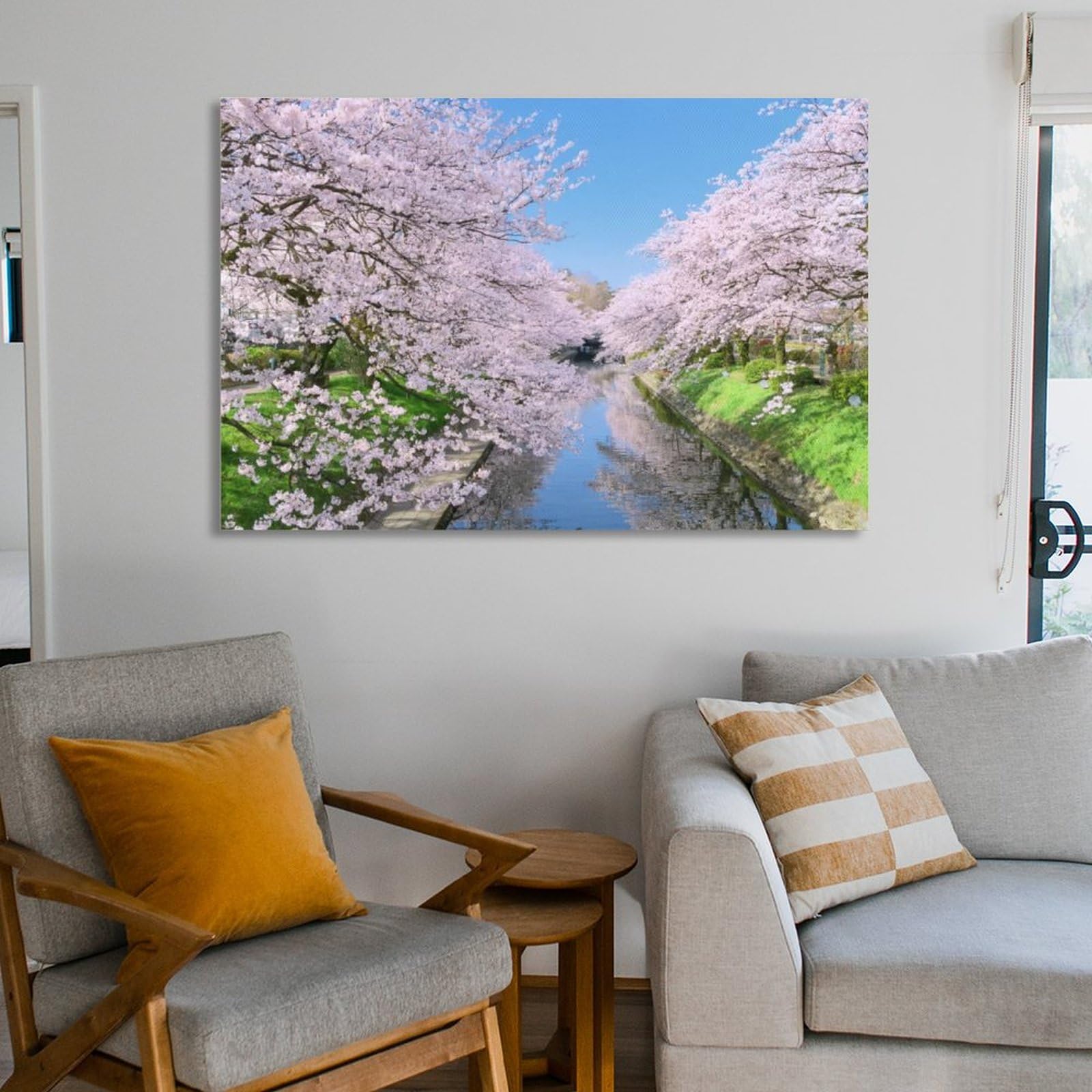 絵画 。壁掛け絵☆【そよ風が吹いてきて、窓の前の花がきれいでグラスがきれいだ】 Amazon.co.jp: 絵画 咲いた桜の木に鳥が飛んでいくインテリア