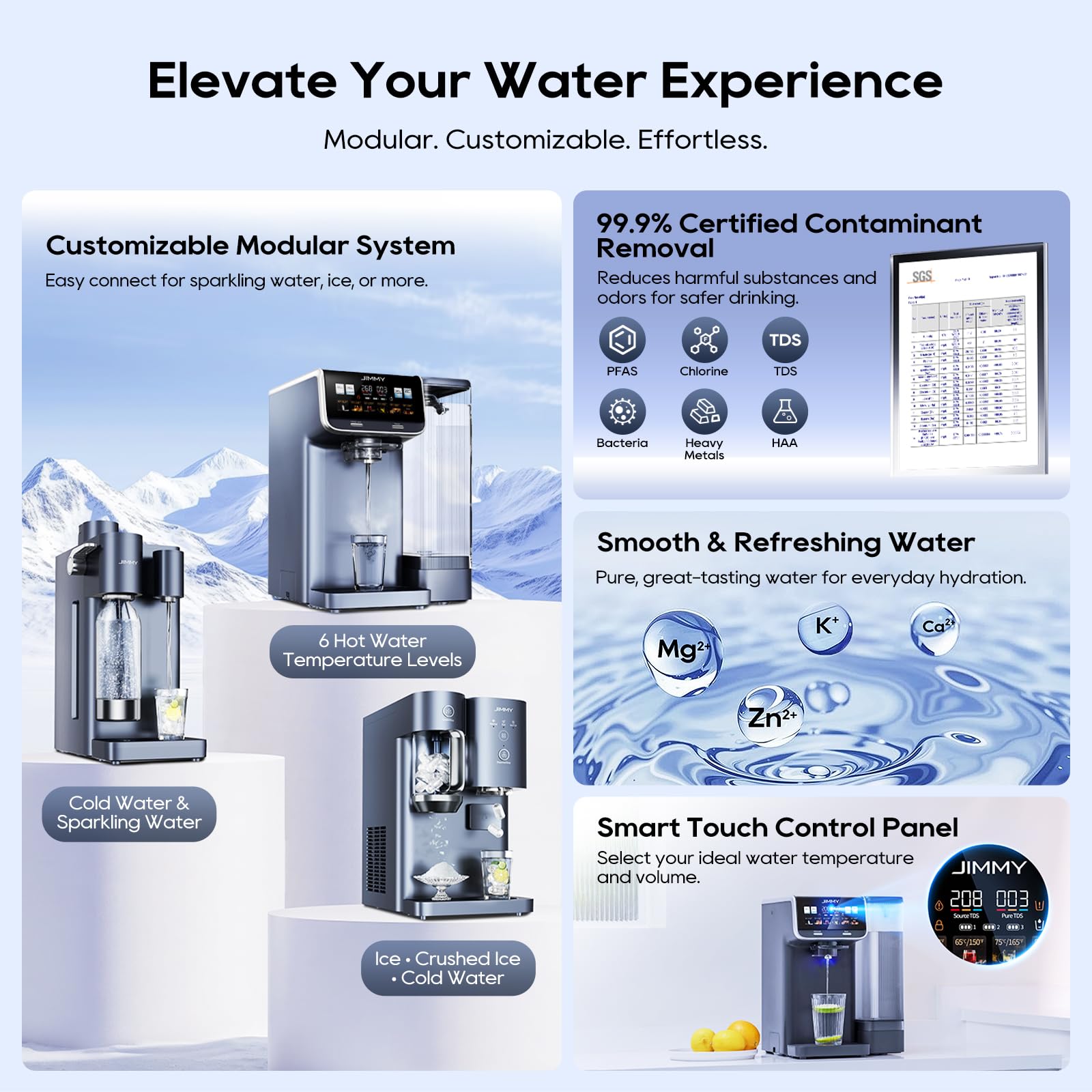 JIMMY M9 Pro Umkehrosmose Wasserfilter 7-stufige Filterung Mineralien 3S-Heizung Kaltes Wasser Echtzeit-TDS-Anzeige