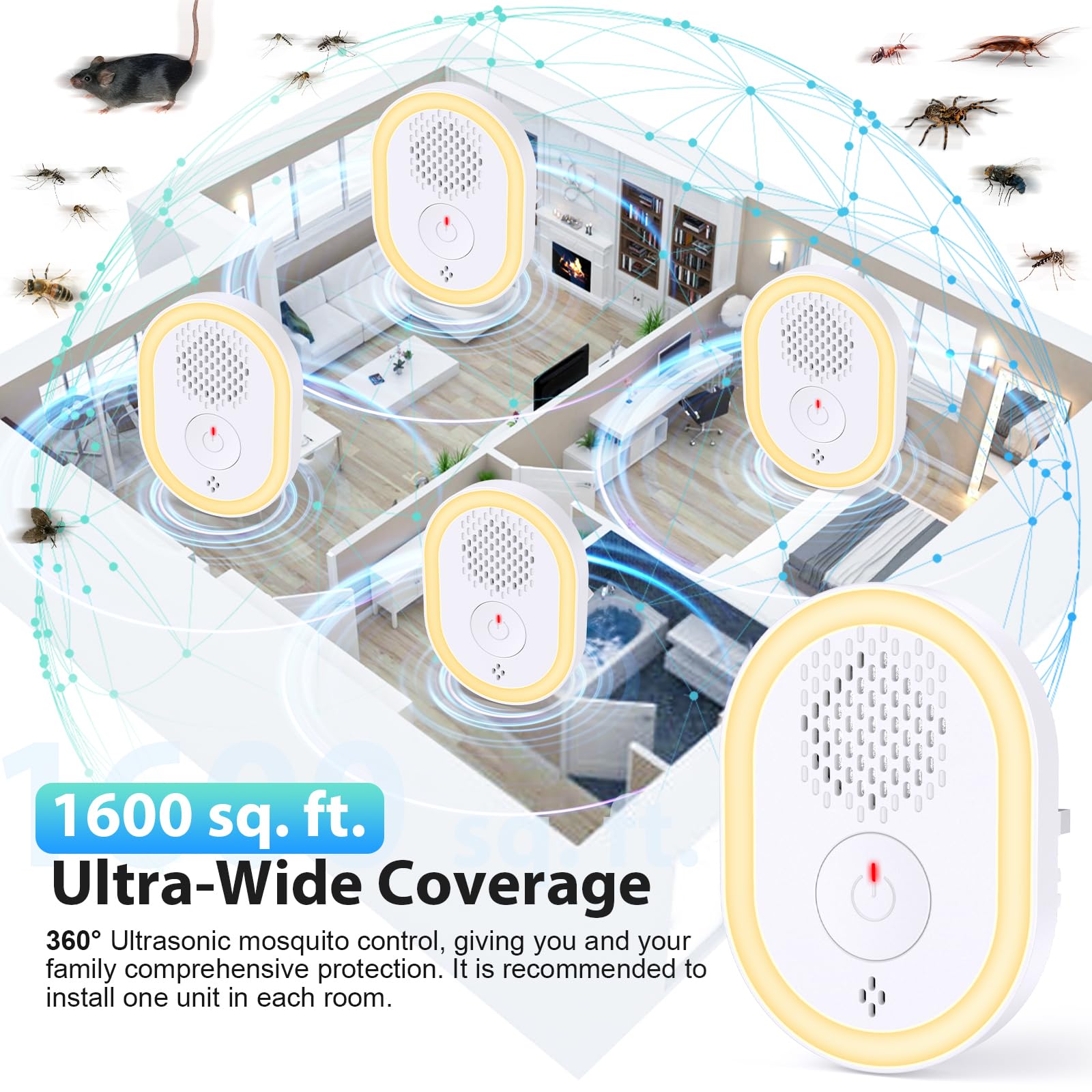 Repelente de plagas ultrasónico, paquete de 6, repelente electrónico de plagas para insectos, mosquitos, ratones, hormigas, arañas, ratas, roedores, repelente de plagas con luz nocturna para