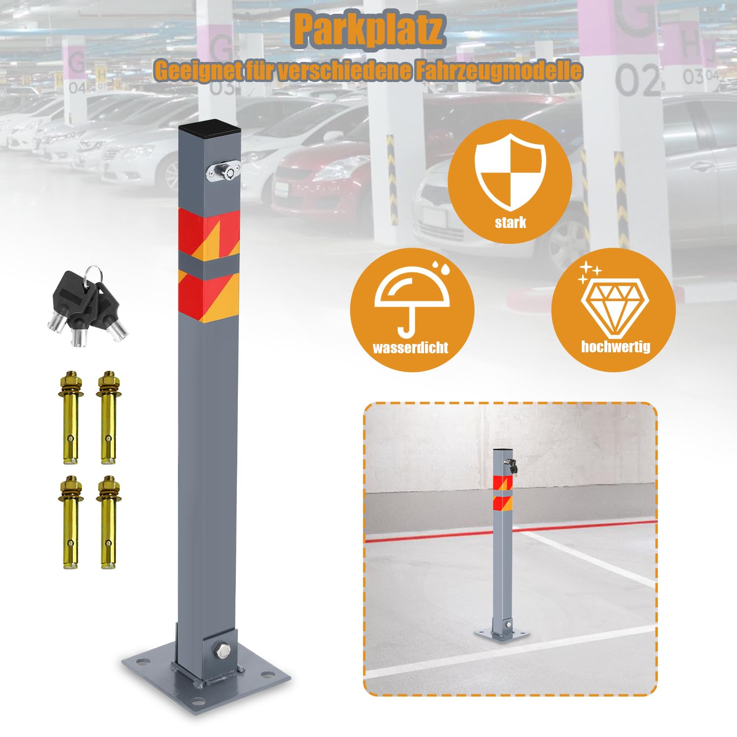 Herrselsam Palo da parcheggio pieghevole, con chiave e strisce riflettenti, in acciaio robusto, set da 3 pezzi