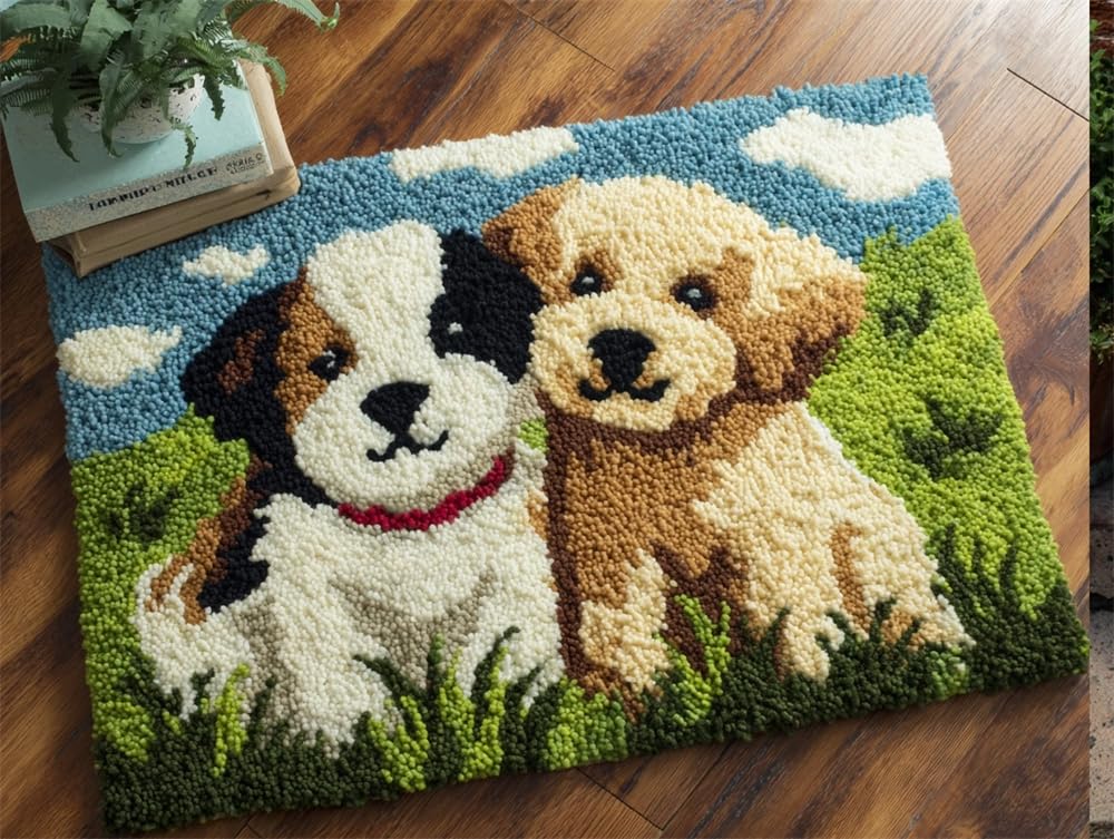 FWRTYCB 3D Latch Hook Rug Kit Dogs On The Grass Pattern 20X15Inch