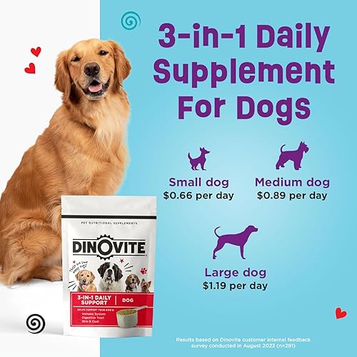Miniatura 7 de Dinovite Suplemento probiótico para perros - Omega 3 para perros - Alivio de puntos calientes - Suplemento de piel y pelaje para perros - Suministro