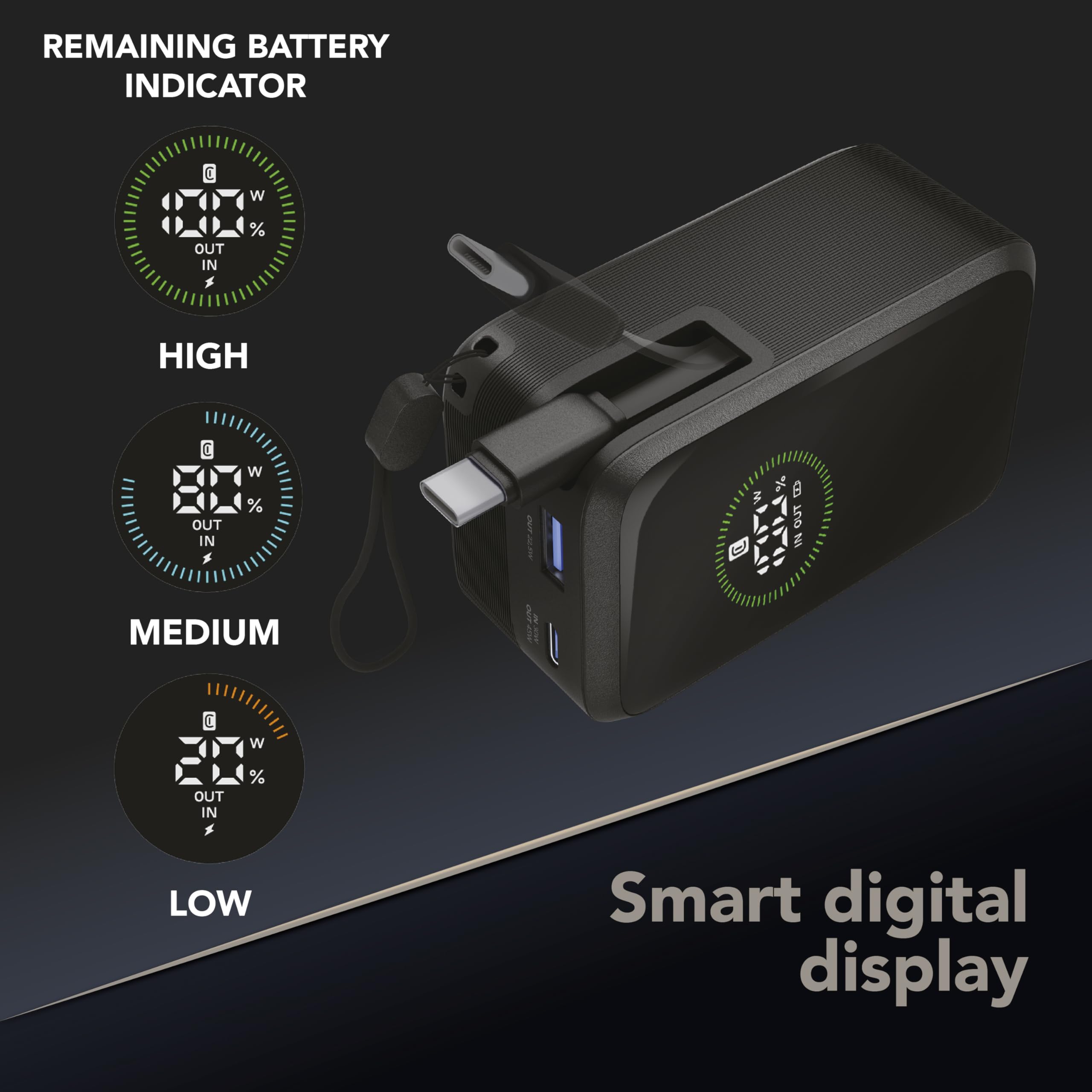 Cellularline Powerbank Roller 10.000 mAh mit 45 W Schnellladefunktion, integriertem 70 cm USB-C-Kabel, LCD-Display, DREI Anschlüssen und Trageschlaufe Schwarz