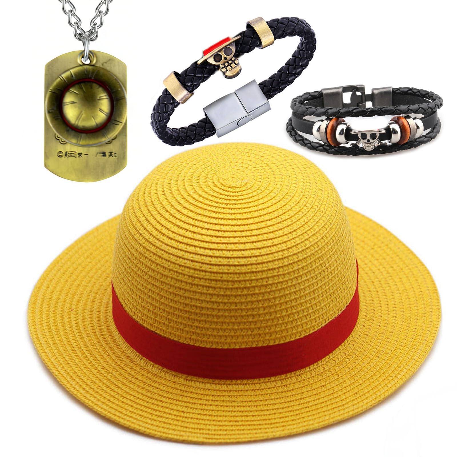 TFYU Straw Hat Cospaly Costume Party Men’s and Women’s Beach Sun Hat Ruffy Necklace Skeleton Bracelets Anime O.P Jewelry with Stickers Total 24 pcs