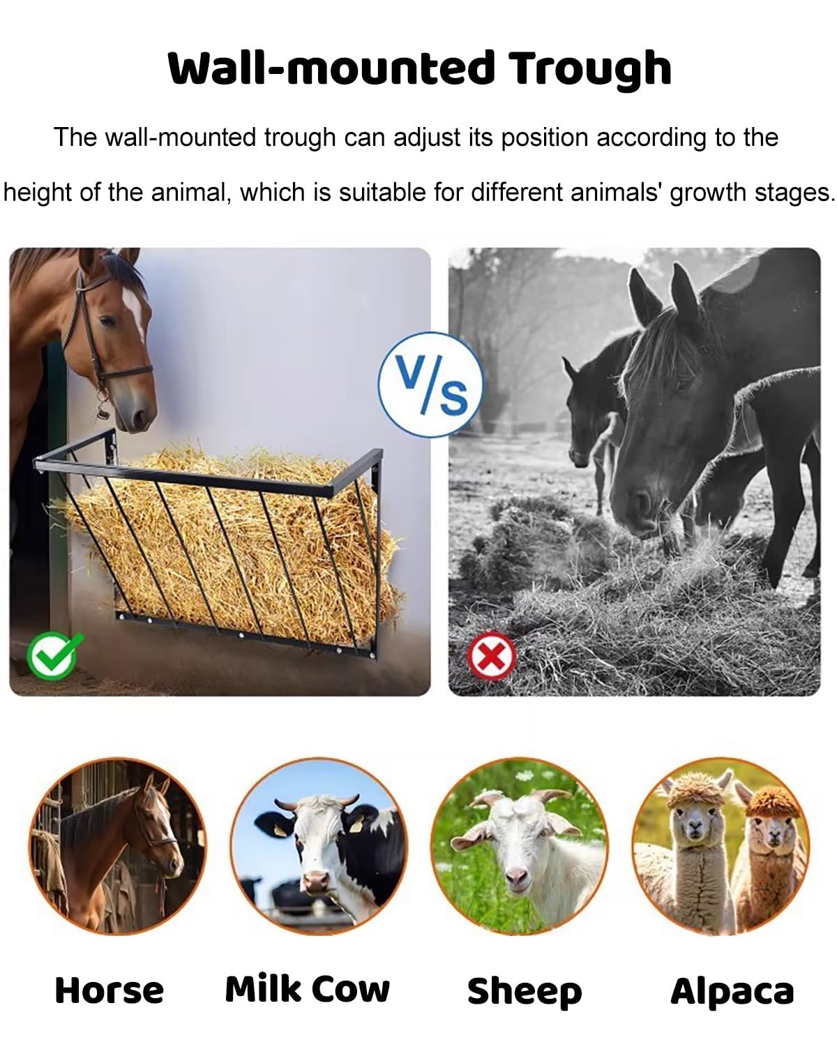 Comedero para caballos de montaje en pared con capacidad de 25 galones para alimentación de heno y cereales