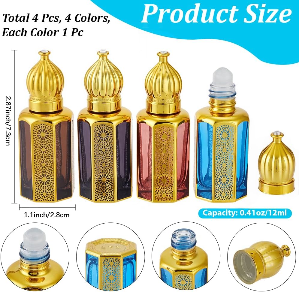 CREATCABIN 4Pcs 12ml Roller Balls for Essential Oils Arabic Perfume Bottles 4 Colors Arabian Fragrance Refillable Gold Empty Glass Roll On Bottle with Caps for Aromatherapy Lip Gloss Travel 0.41fl. oz