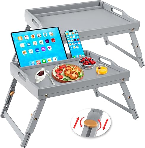 Miniatura 9 de Greenual Paquete de 2 bandejas de cama con asas y patas plegables, bandeja de bambú para desayuno con ranura para medios, uso como plato, escritorio