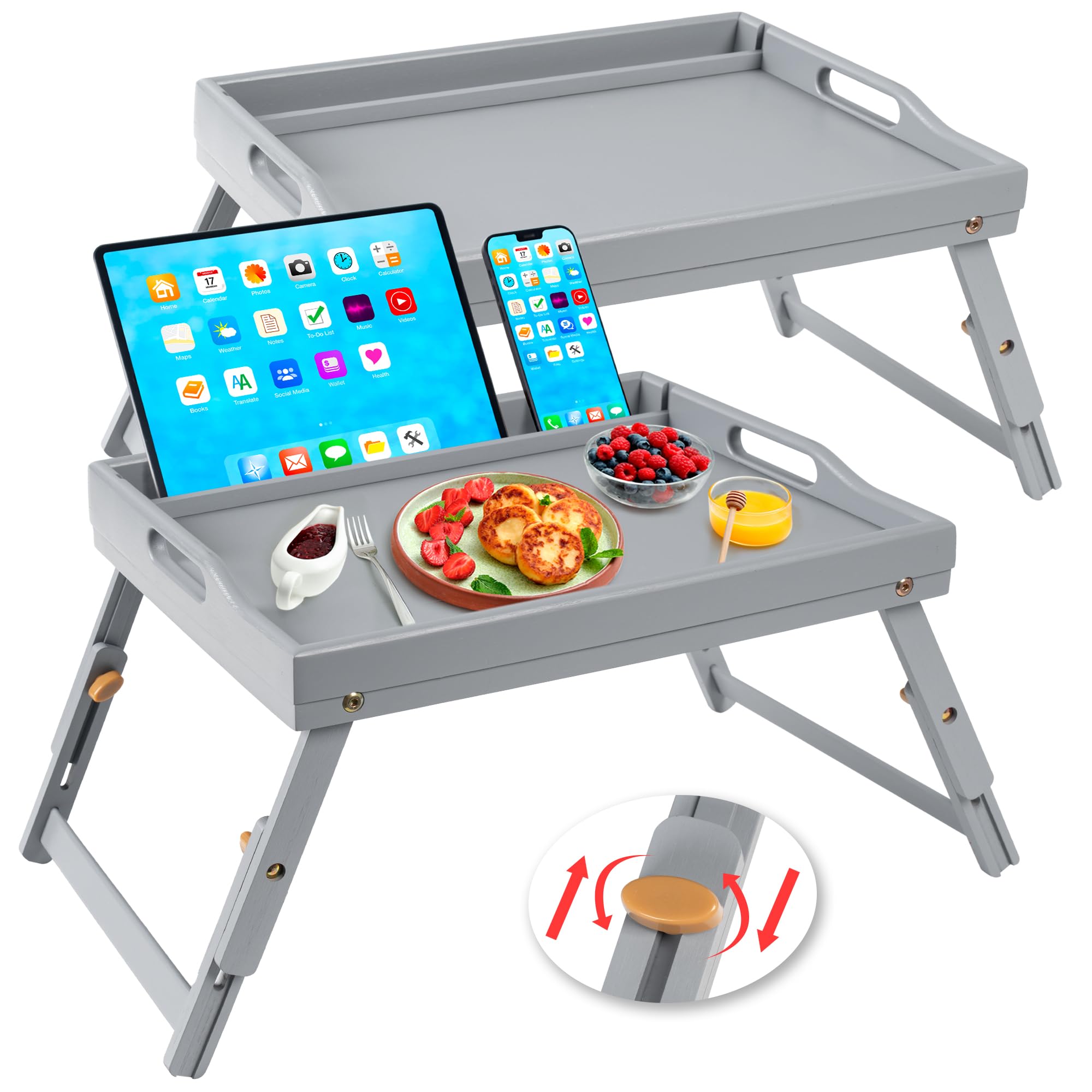 Greenual Betttablett mit Griffen, klappbaren Beinen, Bambus, Frühstückstablett mit Medienschlitz, Verwendung als Platte, Laptop-Schreibtisch, Snack, TV-Tablett, Küche, Serviertablett (grau)