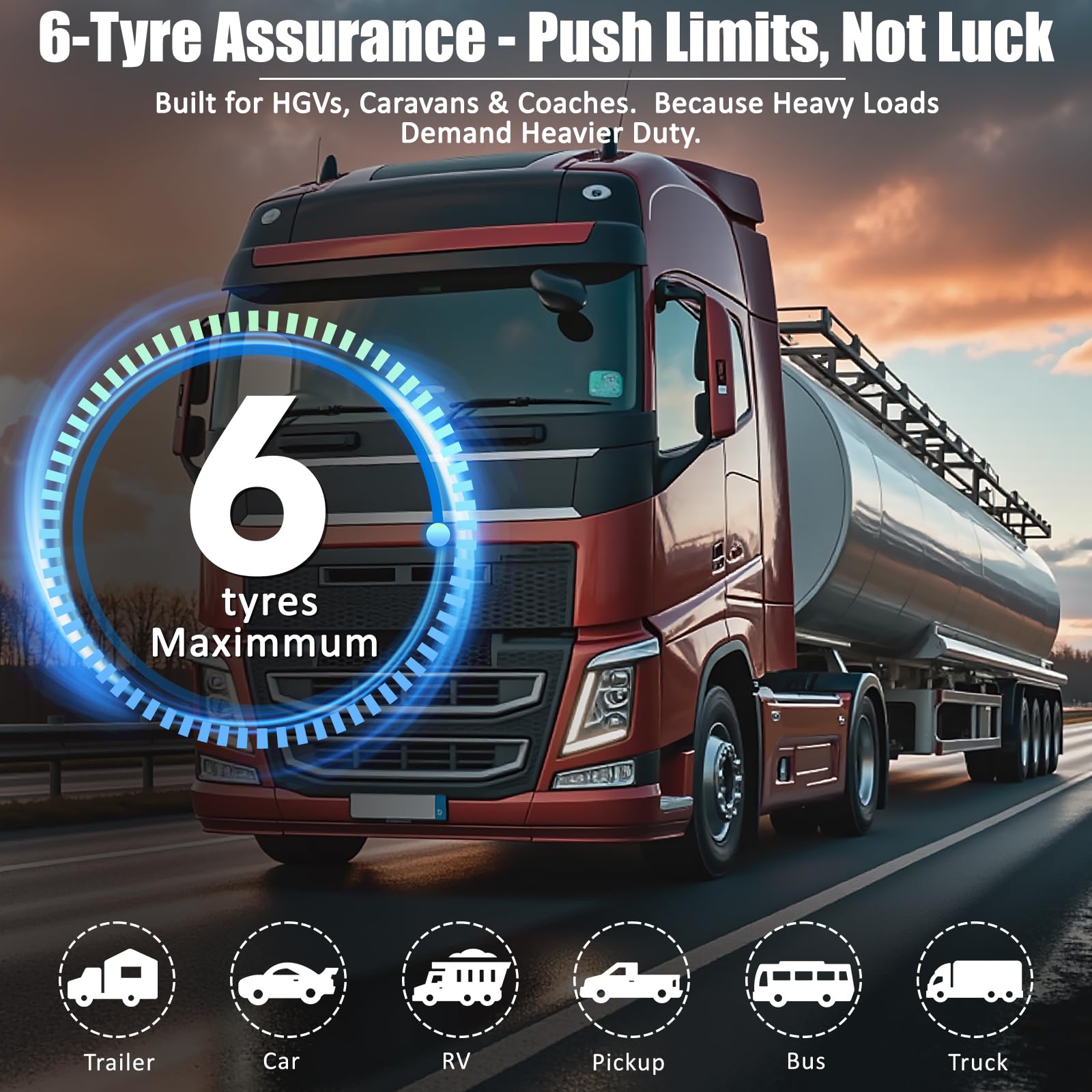 TPMS Sistema di Monitoraggio,della Pressione degli Pneumatici per Autocarri, Camper, Pullman,6 Sensori Ruote, 5 modalità Allarme, Ricarica Solare/USB(Ultima Versione)