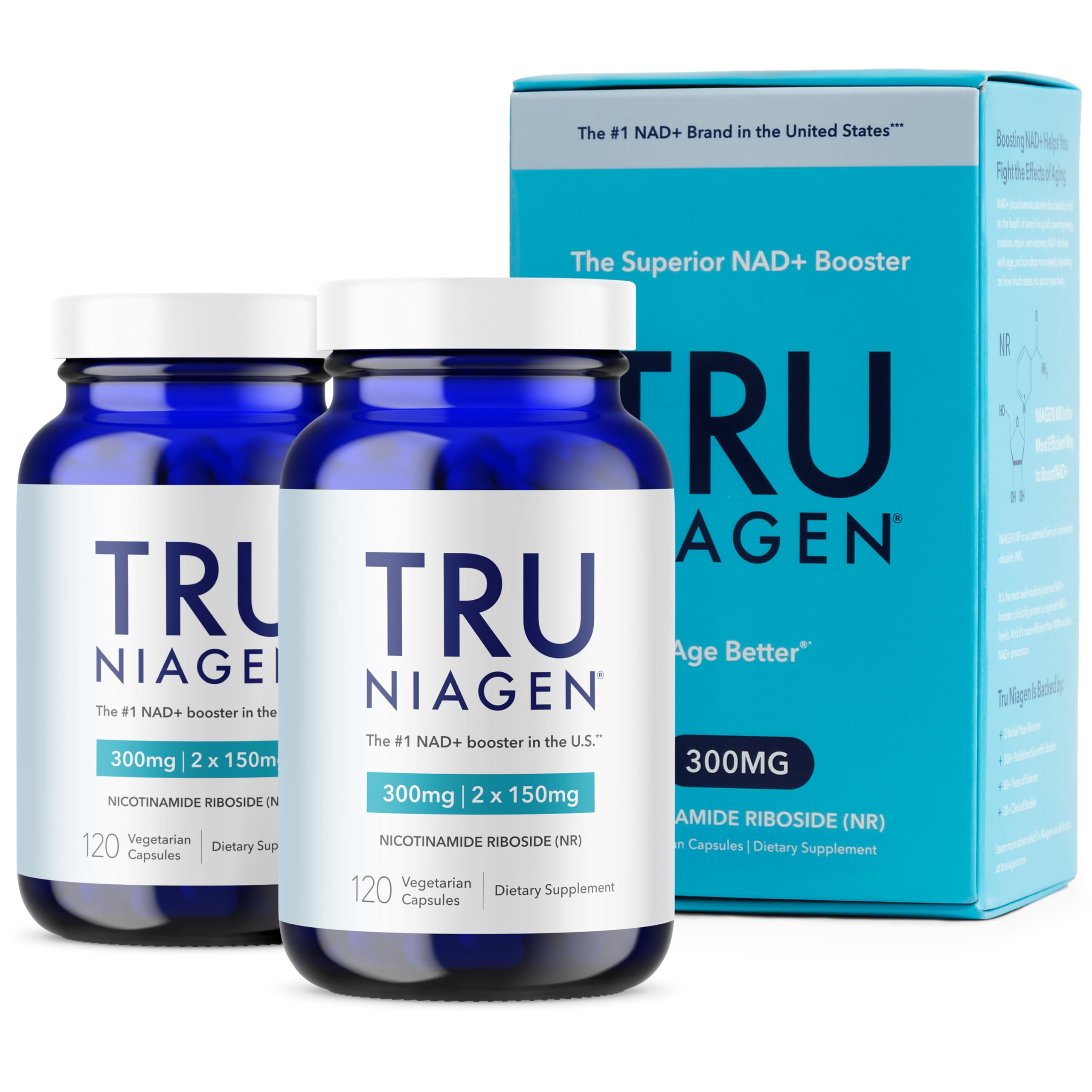 TRU NIAGEN Patented NAD Supplement for Anti Aging and Cell Regeneration, Niagen, 60 300 mg Servings | Supports Cellular Energy, Brain, Muscle | Nicotinamide Riboside (NR) Take 2 Daily | 2 Bottles