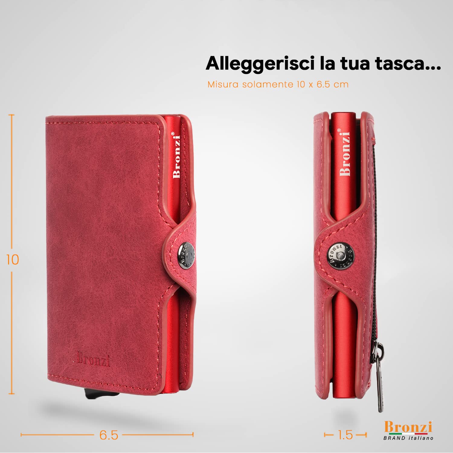Bronzi Nuovo Portafoglio Porta Carte Credito - Portafoglio Uomo Slim Portacarte uomo - Mini Porta Tessere - Protezione RFID Portatessere Pelle (Rosso)