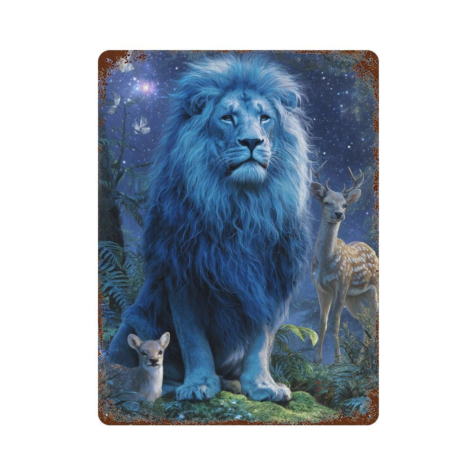 Blue Lion in Fantasy Forest Rust Effect Tin Sign 15.7"x11.8", Vintage Wall Decor for Garage, Pub Or Kitchen