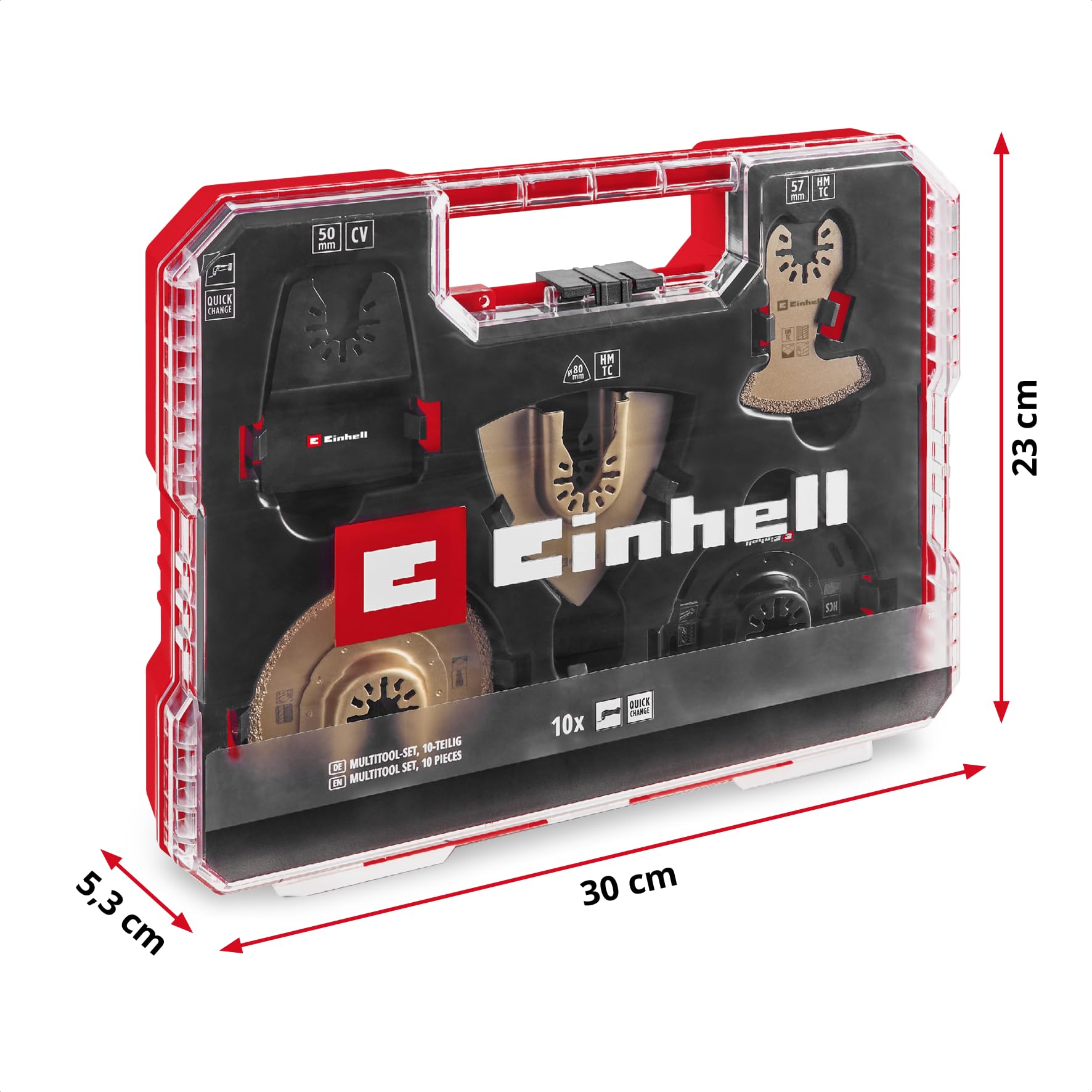 Originale Einhell Set multiutensile XL-PLUS-CASE 10 pz. (lama HCS/TCS semitonda, raspa delta TCS, segmento TCS, raschietto rigido, adattatore Dremel)