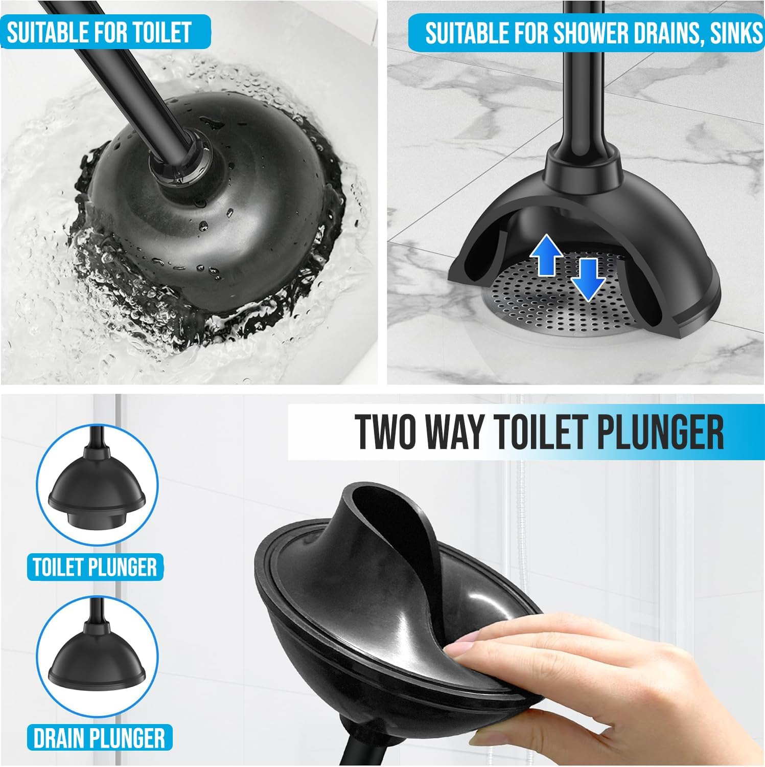 Black Toilet Brush and Plunger Set with Ventilated Holder