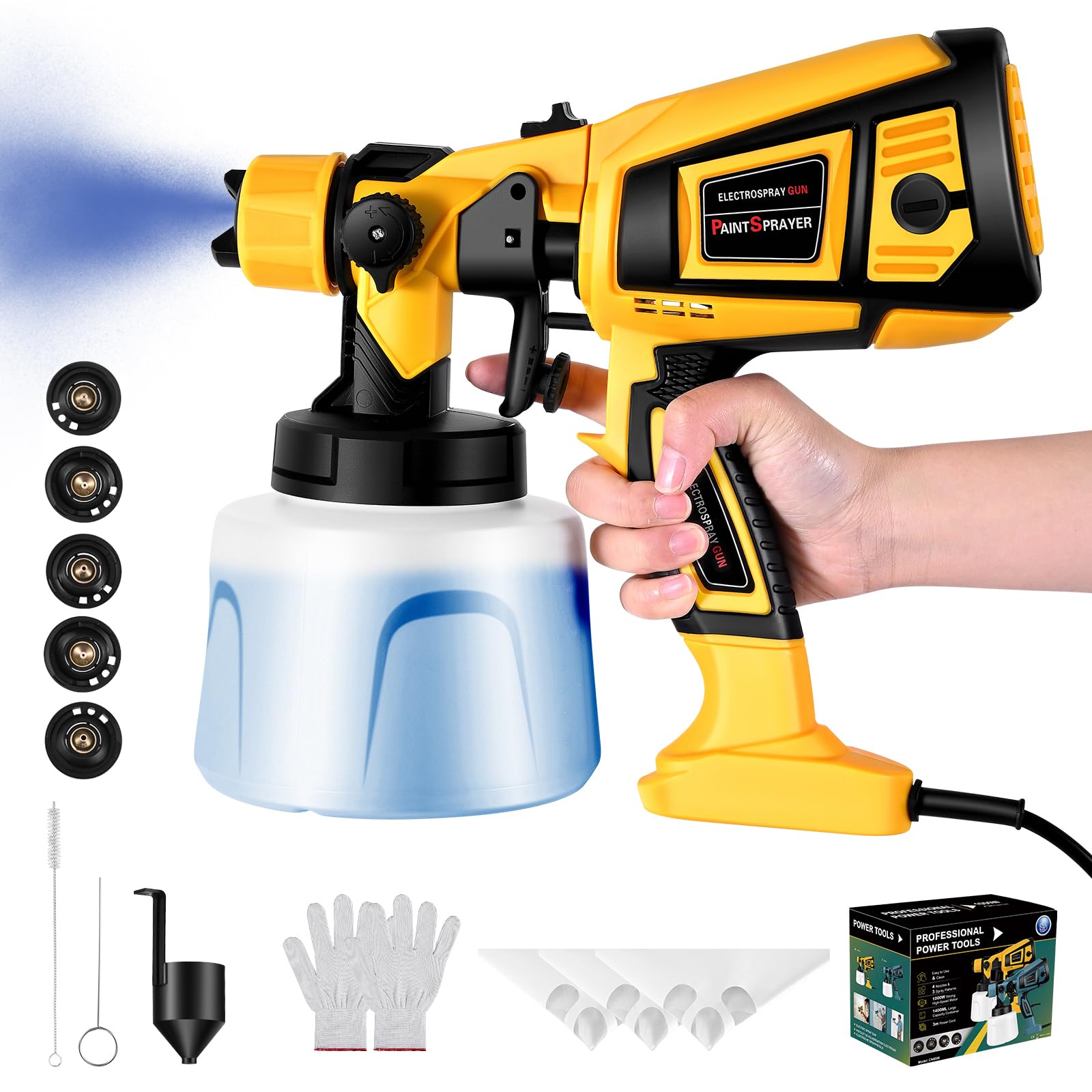 Pistola de Pintura Eléctrica HVLP 800W, 1400ML con Gatillo Bloqueable para Uso Continuo, 4 Boquillas & 3 Patrones para Paredes Vallas Muebles Techo, Sistema de pulverización de pintura2
