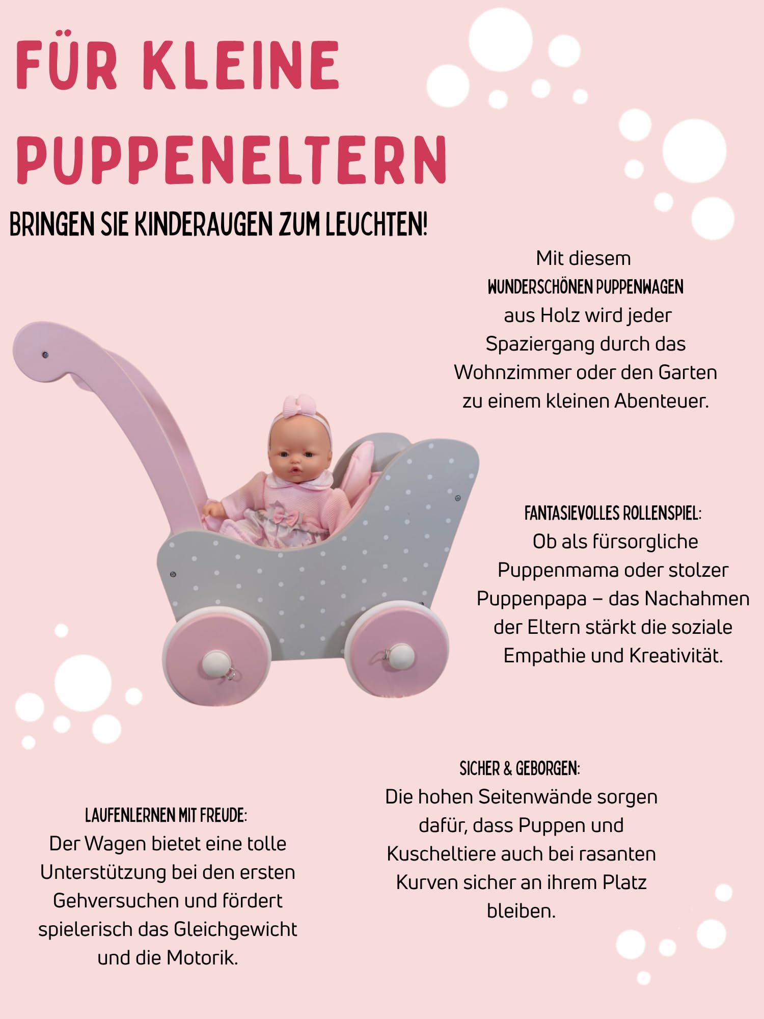 Bayer Chic 2000 Poussette en Bois pour poupées jusqu'à 54 cm, Landau en Bois, Hauteur coulissante 43 cm, Gris Puntos