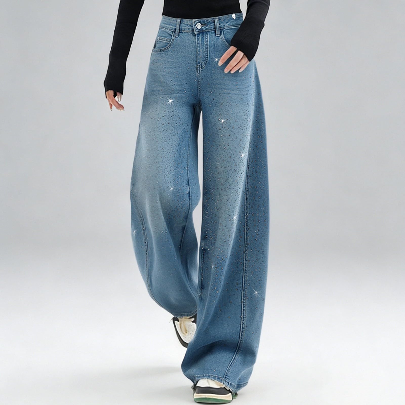 Pantalones holgados para mujer, cintura alta, pierna acampanada (Flared) en aspecto vaquero con adornos de diamantes de imitación, diseño de patchwork para un estilo vintage moderno, pantalones de