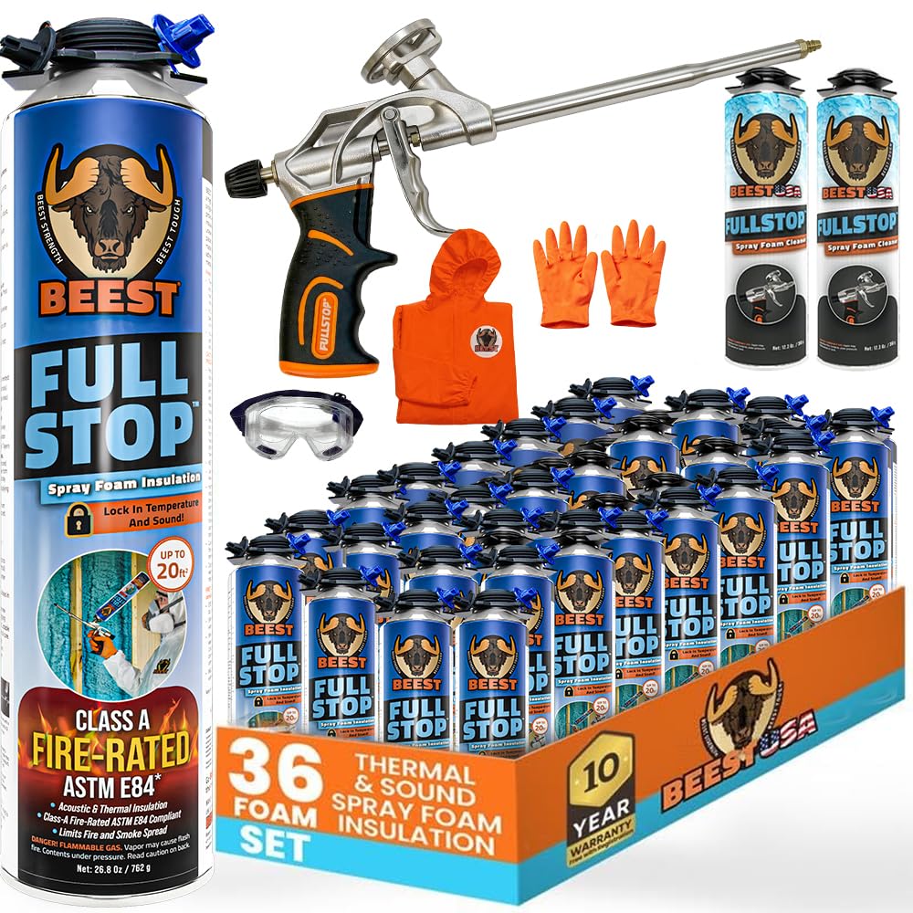 BEEST FullStop Spray Foam Insulation Kit for Walls and Attic - Fire Rated - 720 Board ft/sq.ft Perfect Heat & Acoustic Insulation - 36x Spray Foam Can, 2X Cleaner, Pro Gun & Safety Gear