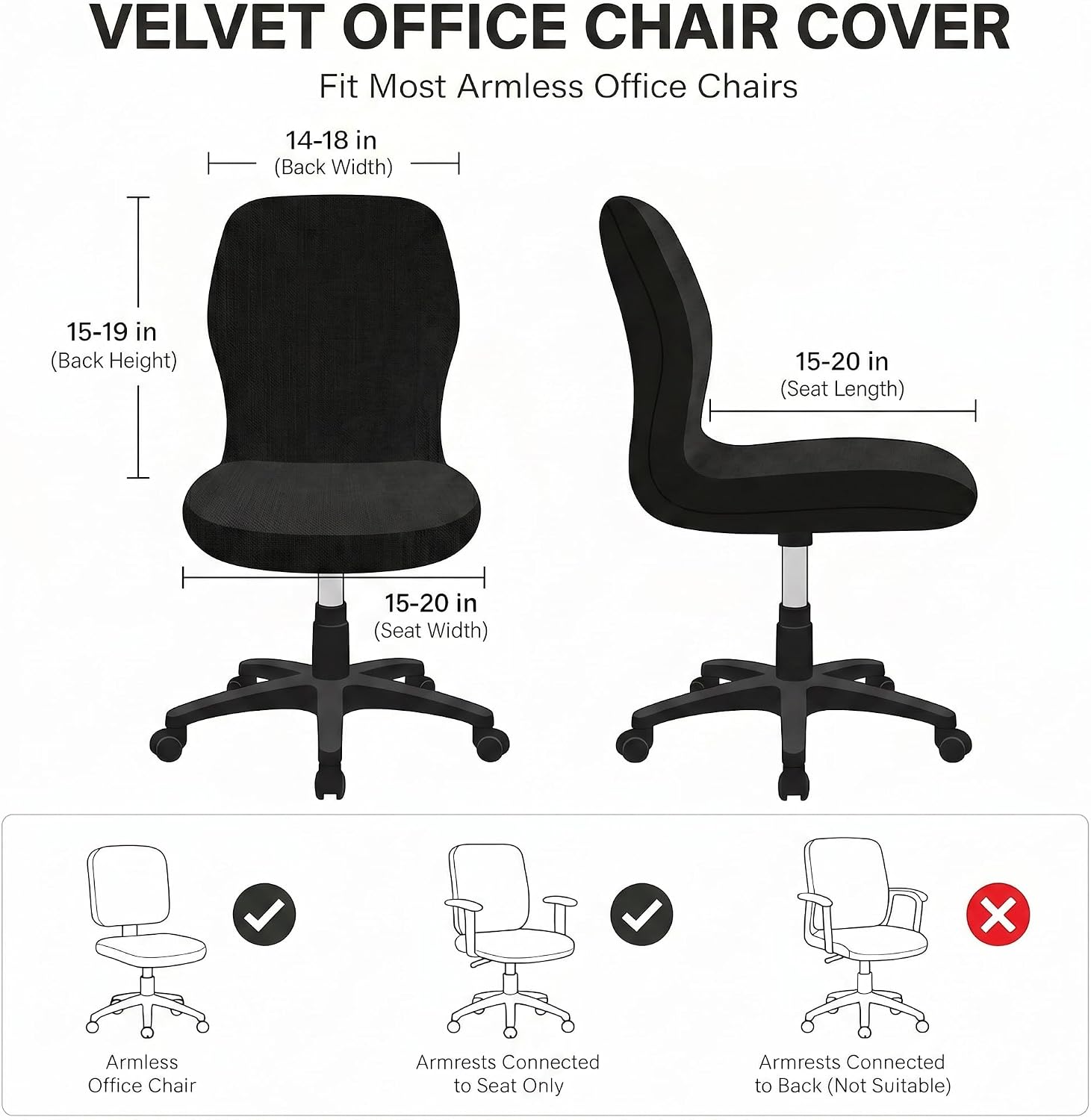 Deisy Dee Velvet Stretch Armless Office Chair Covers - Colorful Stretch Slipcover for Desk Chairs (Black) image 3