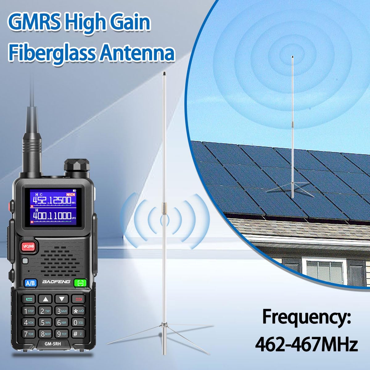 GMRS Antena base 462-467MHz, 7.2dBi de fibra de vidrio de alta ganancia GMRS UHF-Fhembra, conector SO239, antena compatible con radioaficionado móvil GMRS