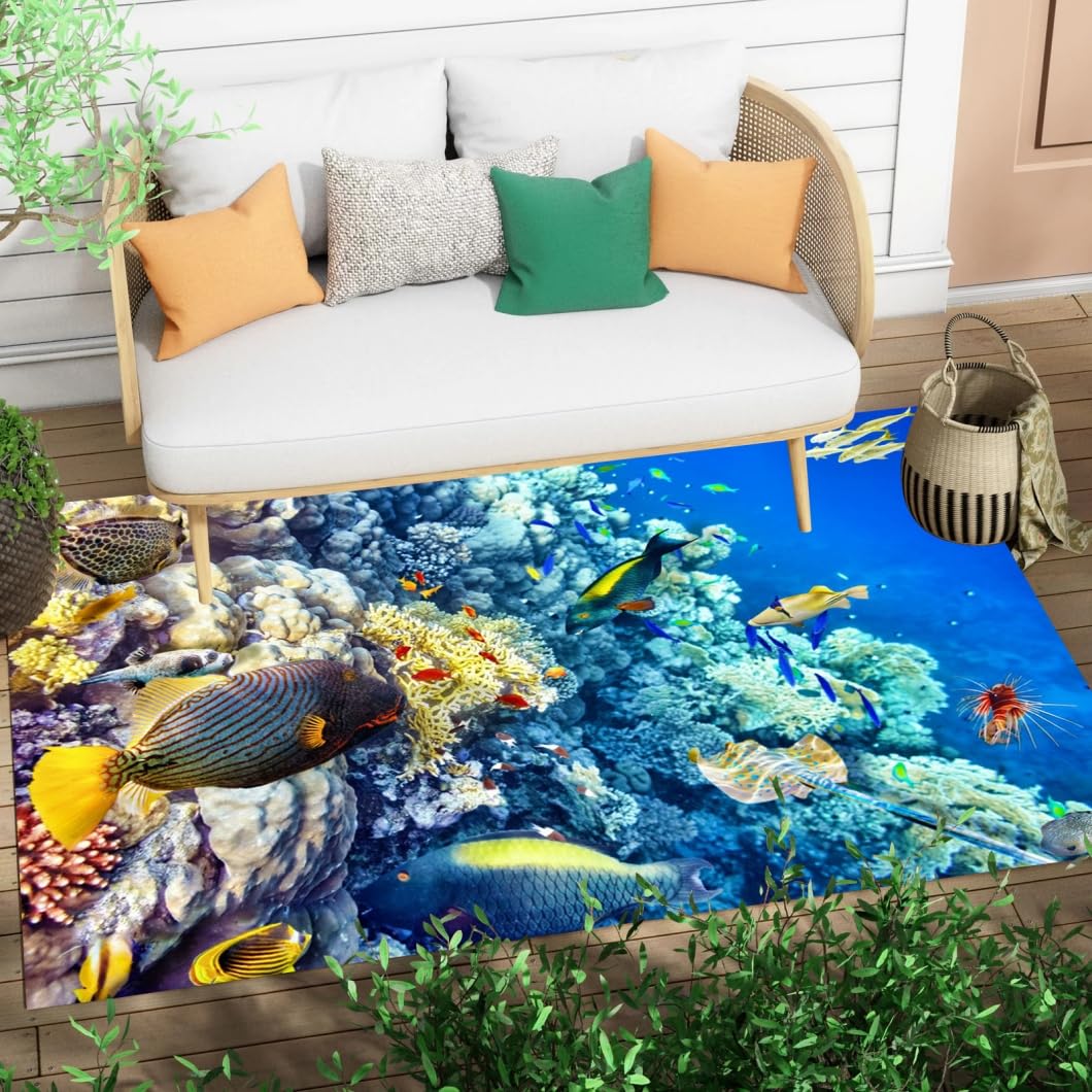 5x7 Indoor Outdoor Rug Cute Coral Reef Tropical Fish Pattern Patio Balcony Deck Porch Area Rug Ocean Beachy Washable Carpet for Backyard Garden
