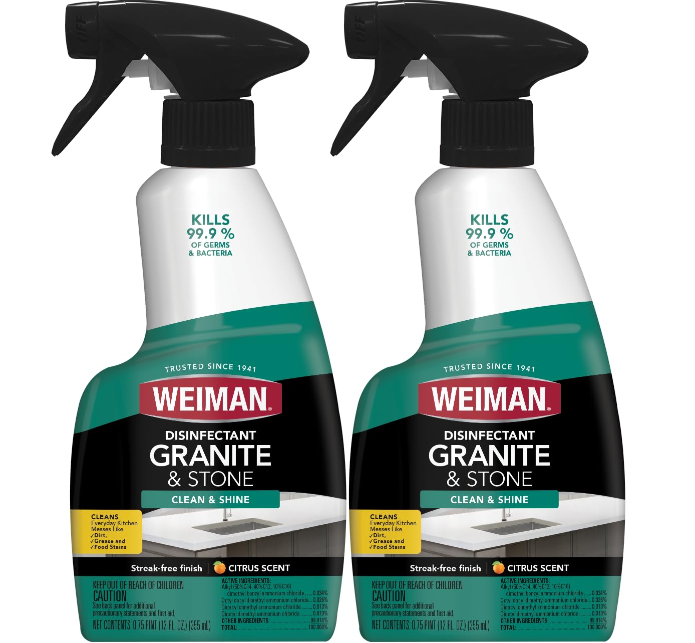 Weiman Disinfectant Granite Daily Clean Shine - 12 fl oz 2 Pack Safely Clean Disinfect and Shine Granite