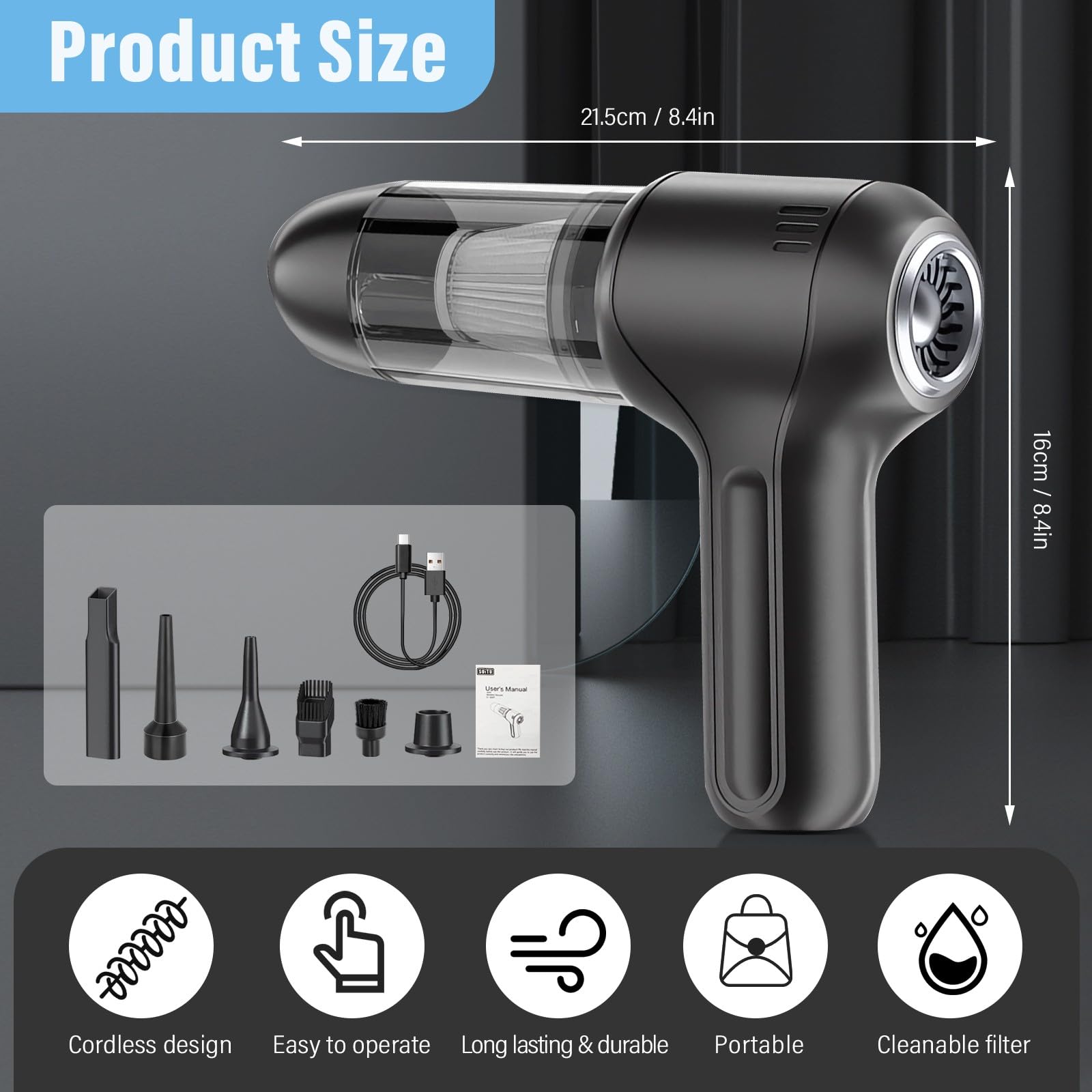 Journeyside Aspirabriciole Senza Fili,120W Aspirapolvere Auto Potente 12000PA Umido e Secco,2in1 Aspirapolvere Portatile Senza Fili per Auto, Ricaricabile Aspirapolvere Auto per Casa, Auto, Ufficio