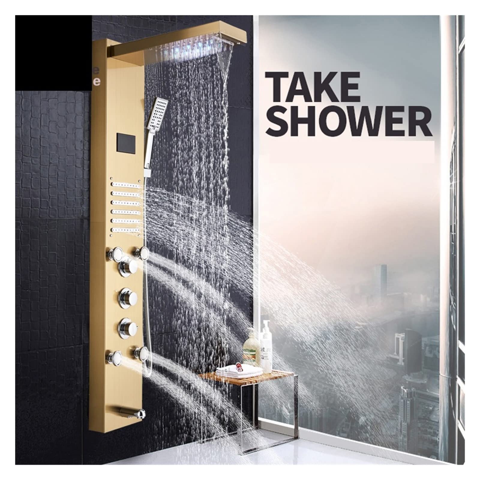 Paneles de Ducha, Panel de ducha dorado, luz LED for baño, columna, torre, pantalla Digital, mezcladores lluvia y cascada, chorros masaje giratorios