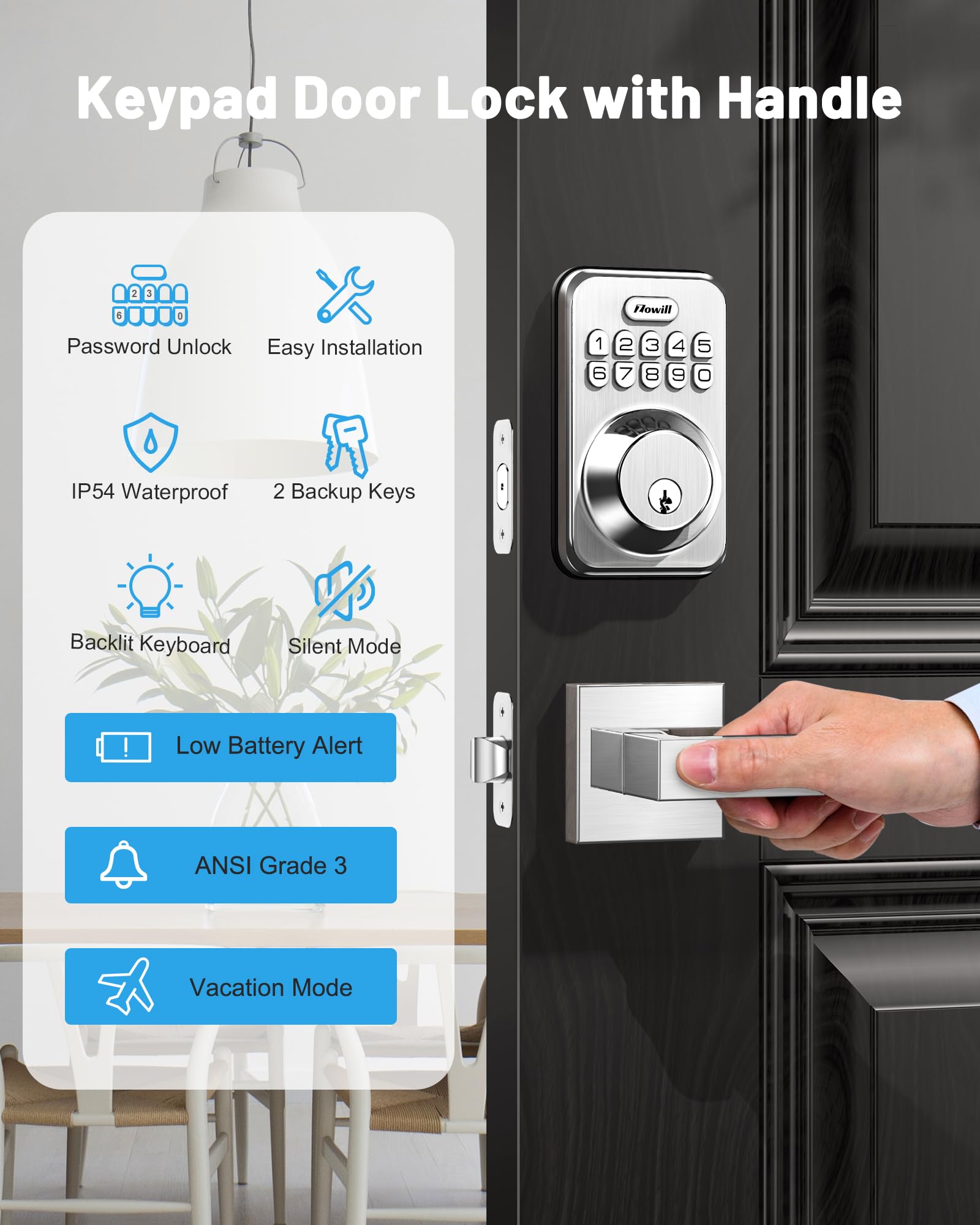 Zowill Serrure de porte d'entrée sans clé avec 2 poignées à levier, pêne dormant à clavier électronique, verrouillage automatique, mot de passe anti-regard, serrure de porte à code intelligent