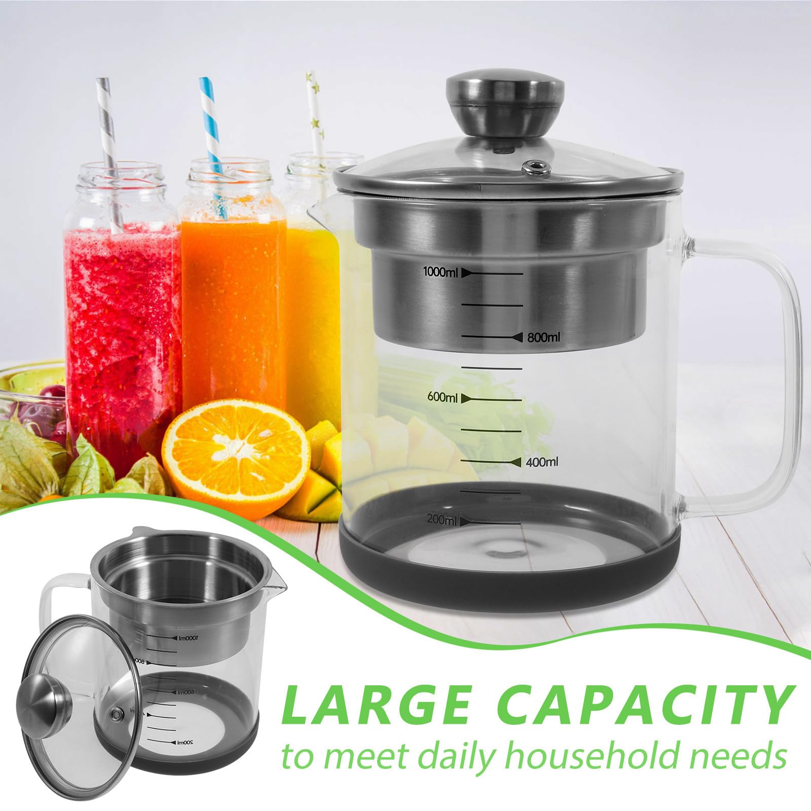 DOITOOL Tetera Coladora de Leche de Soja 1l Acero Inoxidable Filtro Fino Mango Ergonómico para Infusiones y Té en Cocina Doméstica con Tapa y Jarra de Vidrio