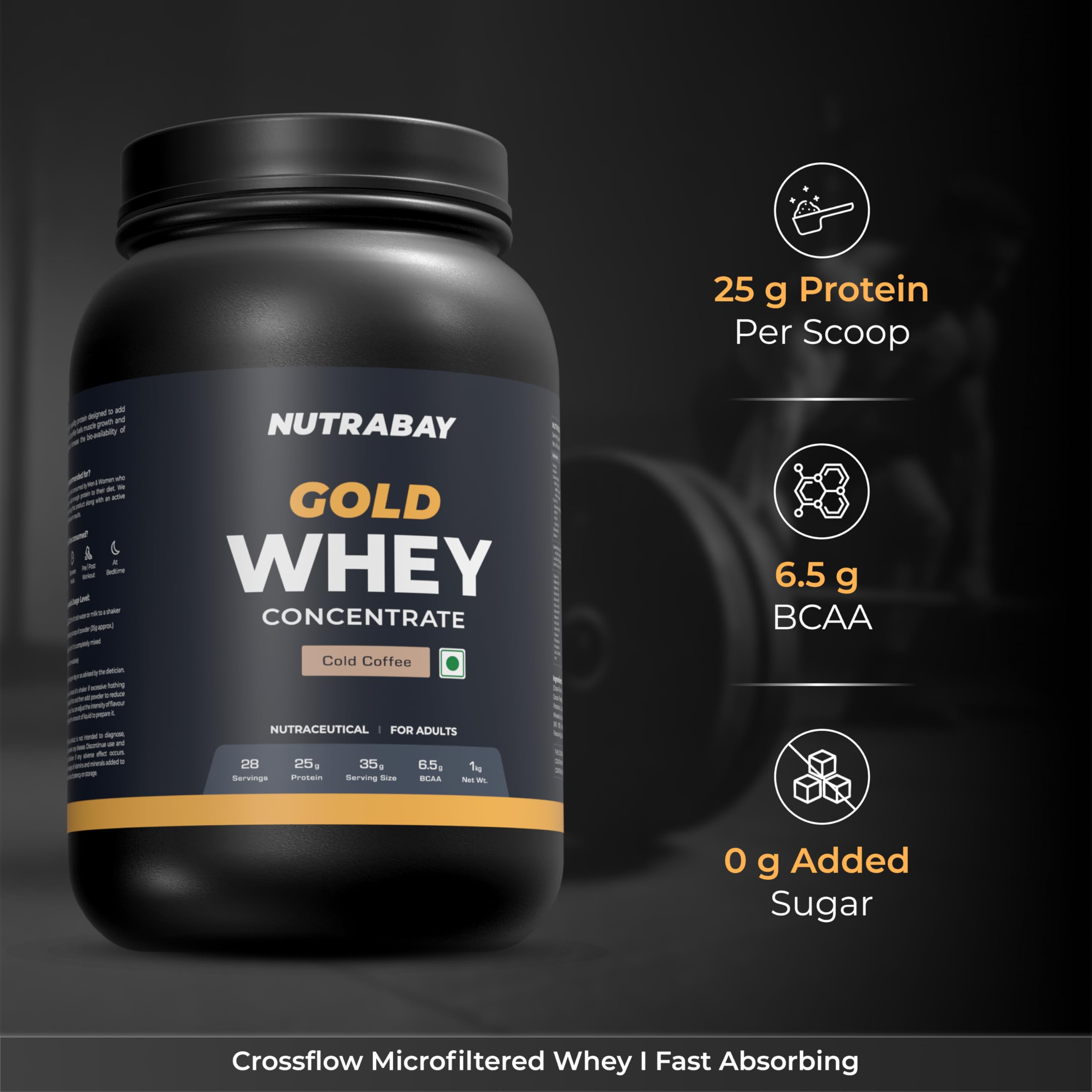 Nutrabay Gold Whey Protein Concentrate with Digestive Enzymes & Vitamin Minerals 25g Protein – Muscle Support & Recovery – 1kg, Cold Coffee | Trustified Certified Authentic 1