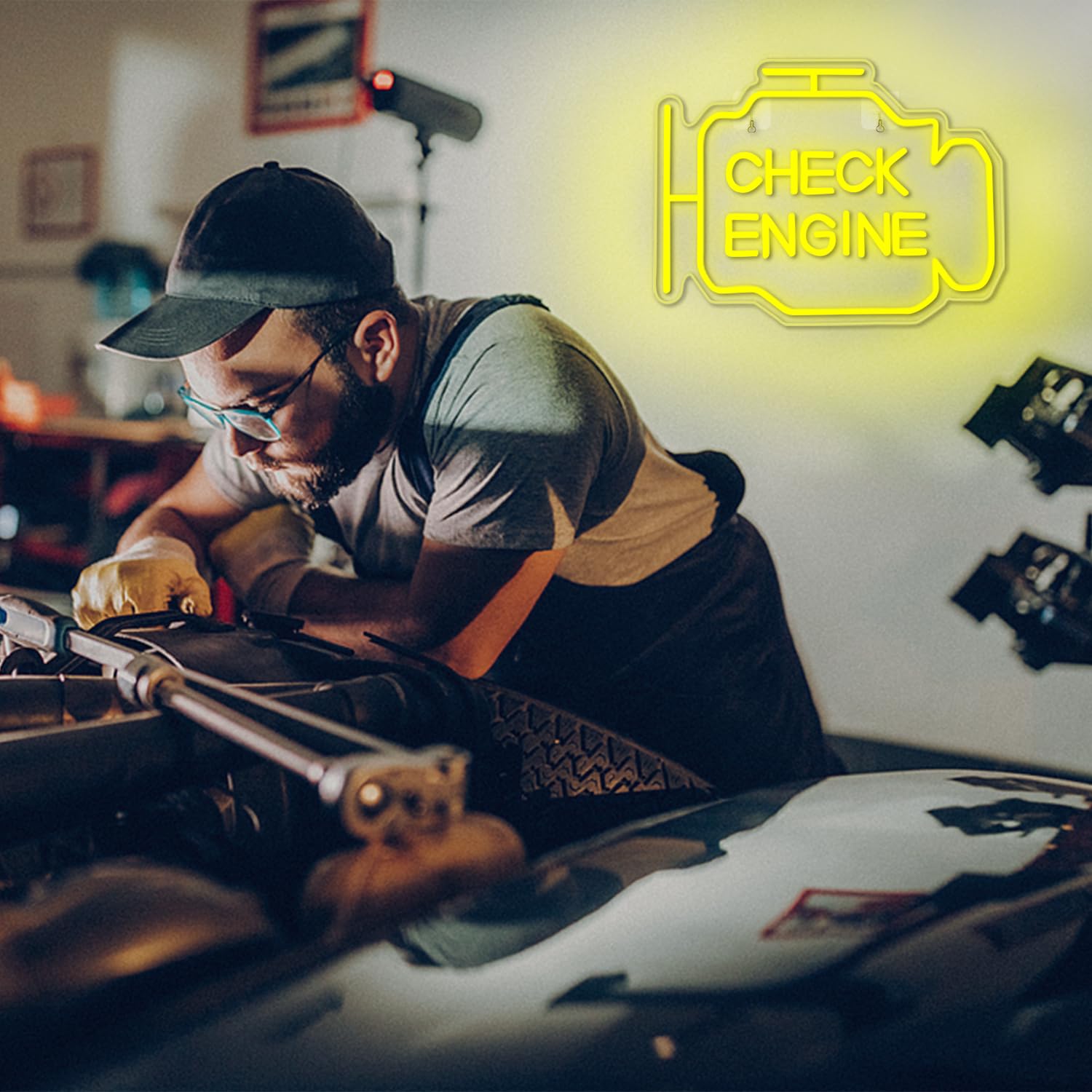 Horseneon Insegna al neon del motore di controllo Insegne a LED per garage Insegne luminose per officina di riparazione auto Insegna al neon gialla per officina di riparazione garage a parete