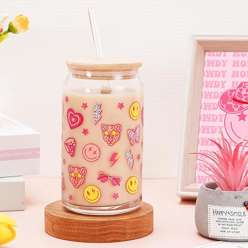 Whaline Lata de vidrio preppy Face Star Lightning Lips - Vasos de cerveza de 16 onzas, vasos para beber bohemios, taza de café helado transparente