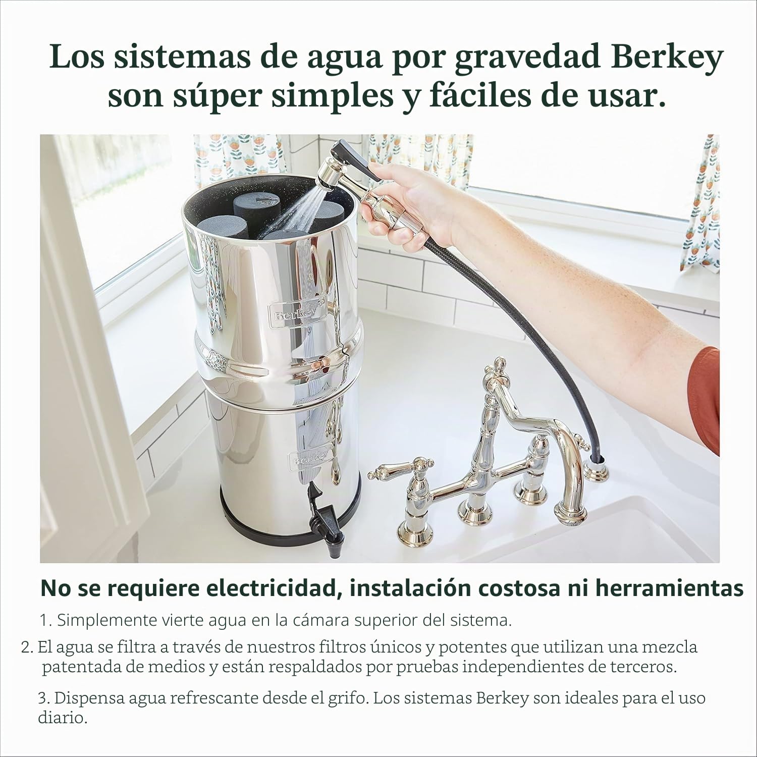Royal Berkey Filtro de agua + 2 elementos purificadores negros Sistema de filtración Acero Reino Unido