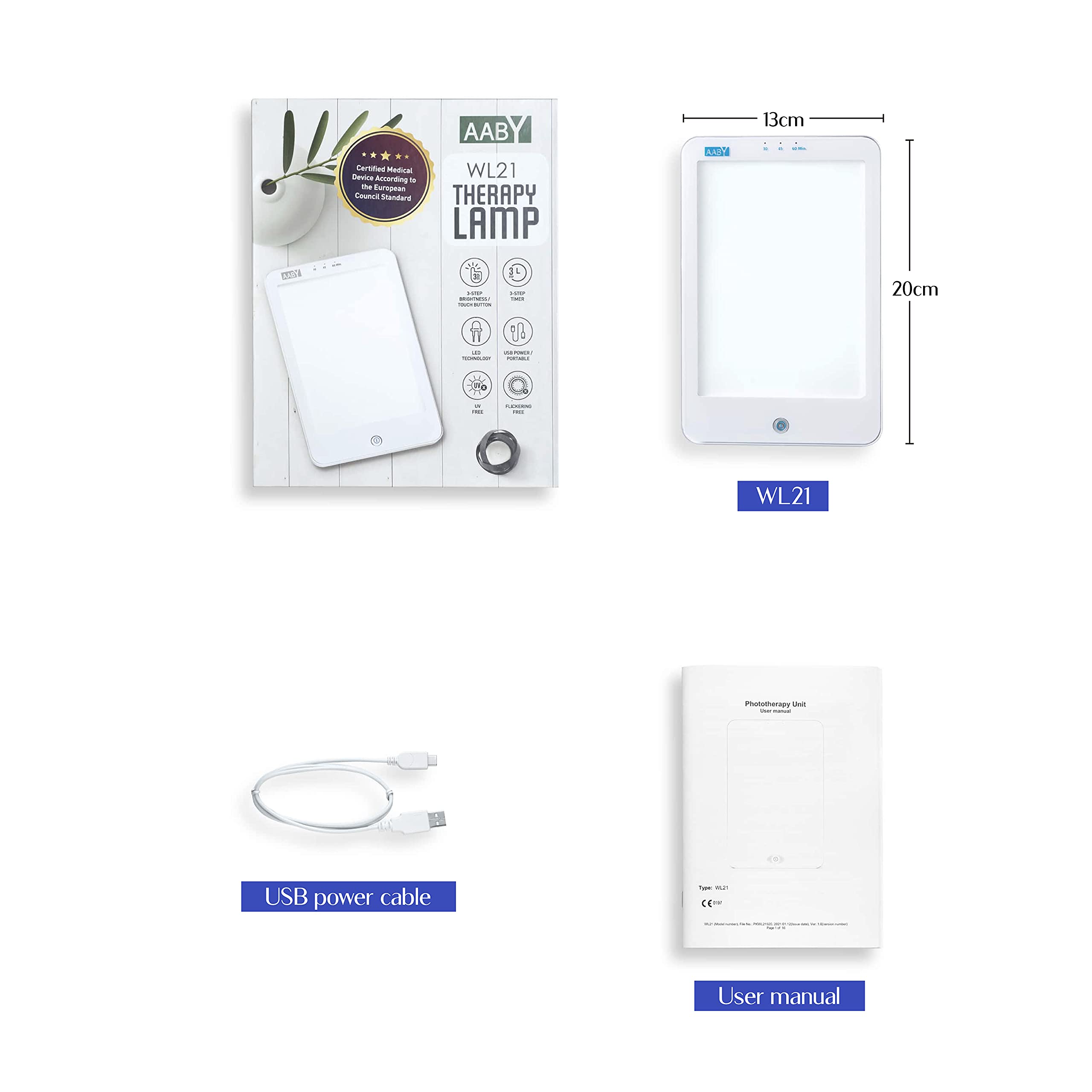 AABY Premium21 Daylight Therapy Lamp Certified Medical Device UV Free Flicker Free 10000 Lux LED White Light 3-Step Brightness 3-Step Timer Indicator Touch Control Compact and Portable(white)