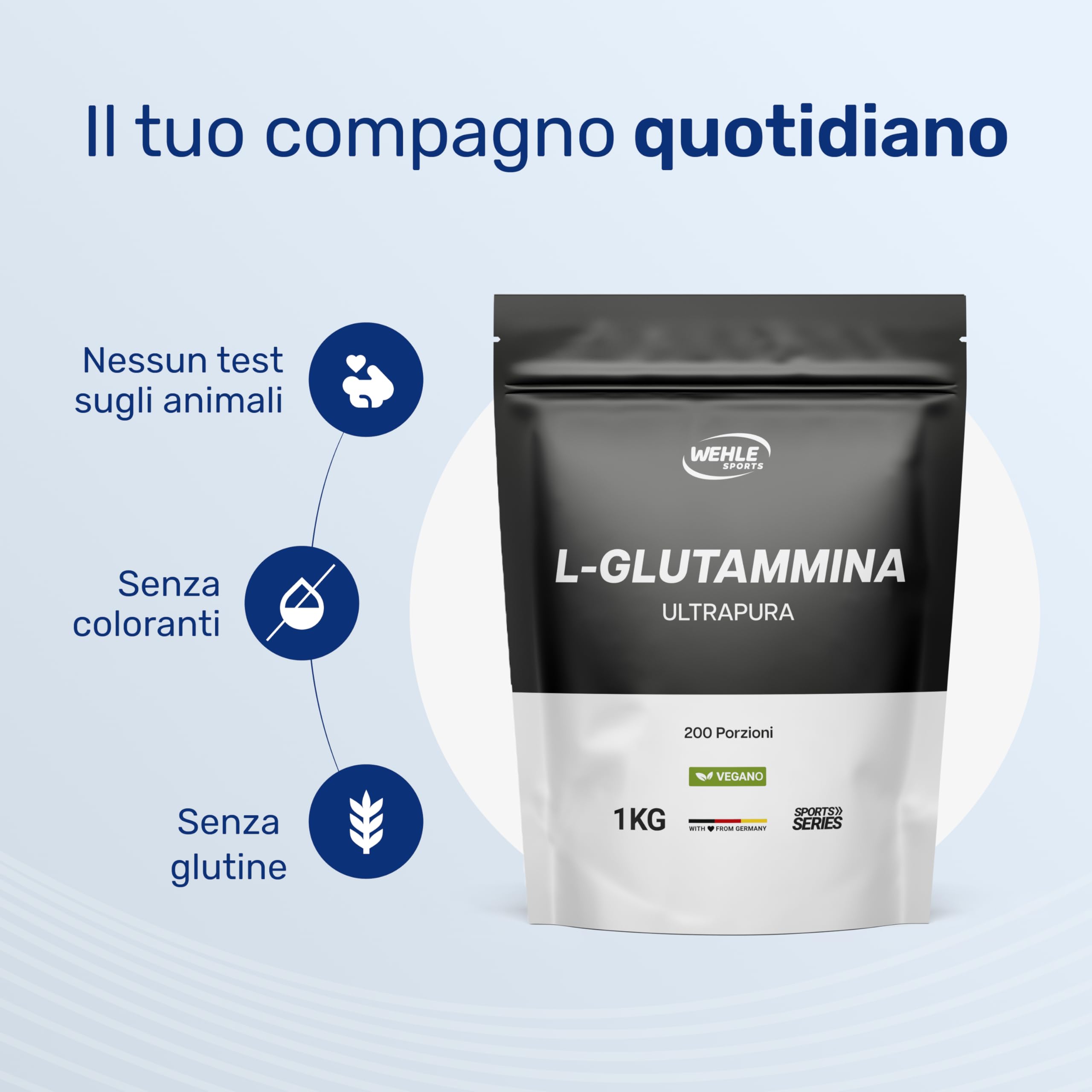 Glutammina in Polvere - 1 KG - 200 Porzioni - L-Glutammina Extra Pura con Vitamina B6 - Vegana e Prodotta in Germania - Glutamina Polvere