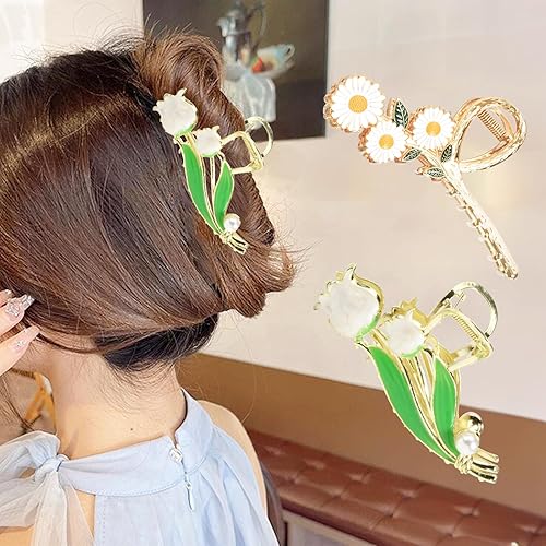 Miniatura 6 de Pinzas de metal para el cabello de 2 piezas, múltiples formas de garras de tulipán para cabello finogrueso medio, elegantes pasadores de margarita,