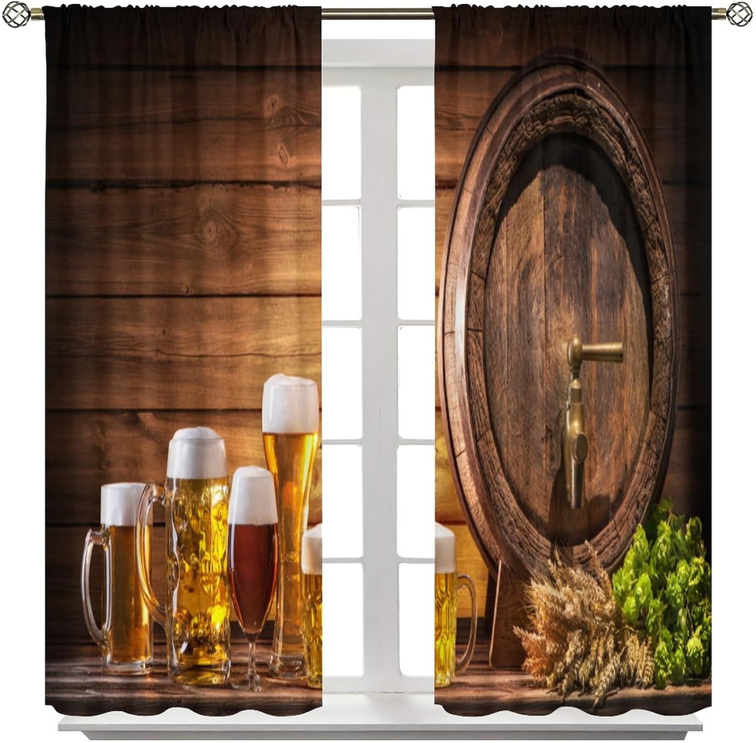 Beer Blackout Window Curtain Craft Brewery Theme, Glasses of Beer And Ale Barrel on Wooden Table in Vintage Wall House for Home Kitchen Restaurant Decoration Window Curtain 2 Panels 42x54 Inch