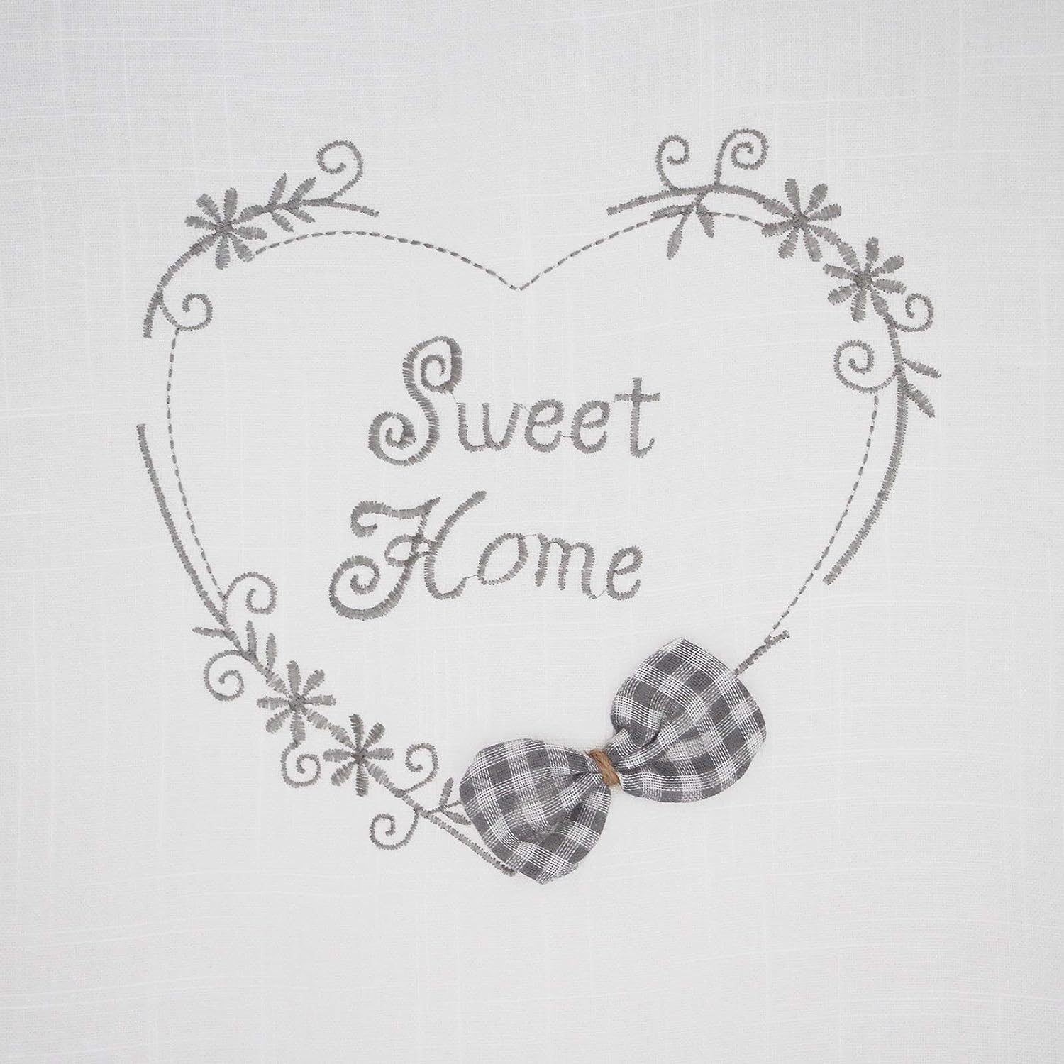 Coppia Di Tendine Finestra Shabby Chic | 60x240 Cm In Poliestere Effetto Lino, Con Ricamo Sweet Home E Fiocco 3D | Grigio/Bianco