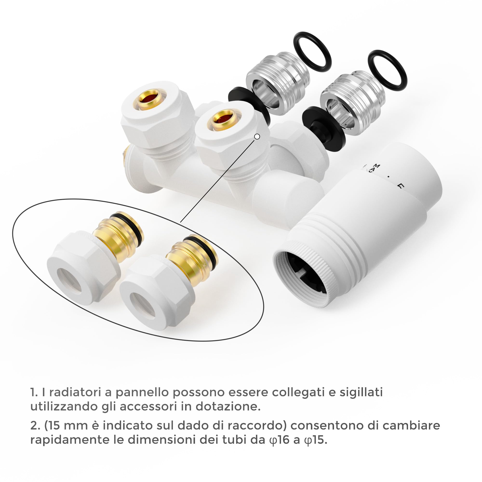 VANCOCO Multiblock con termostato per radiatori 50 mm, distanza mozzo, blocco rubinetto, set di rubinetti valvola a forma di passaggio con cono europeo per tubi in plastica Ø 16 × 2 mm e diametro 15