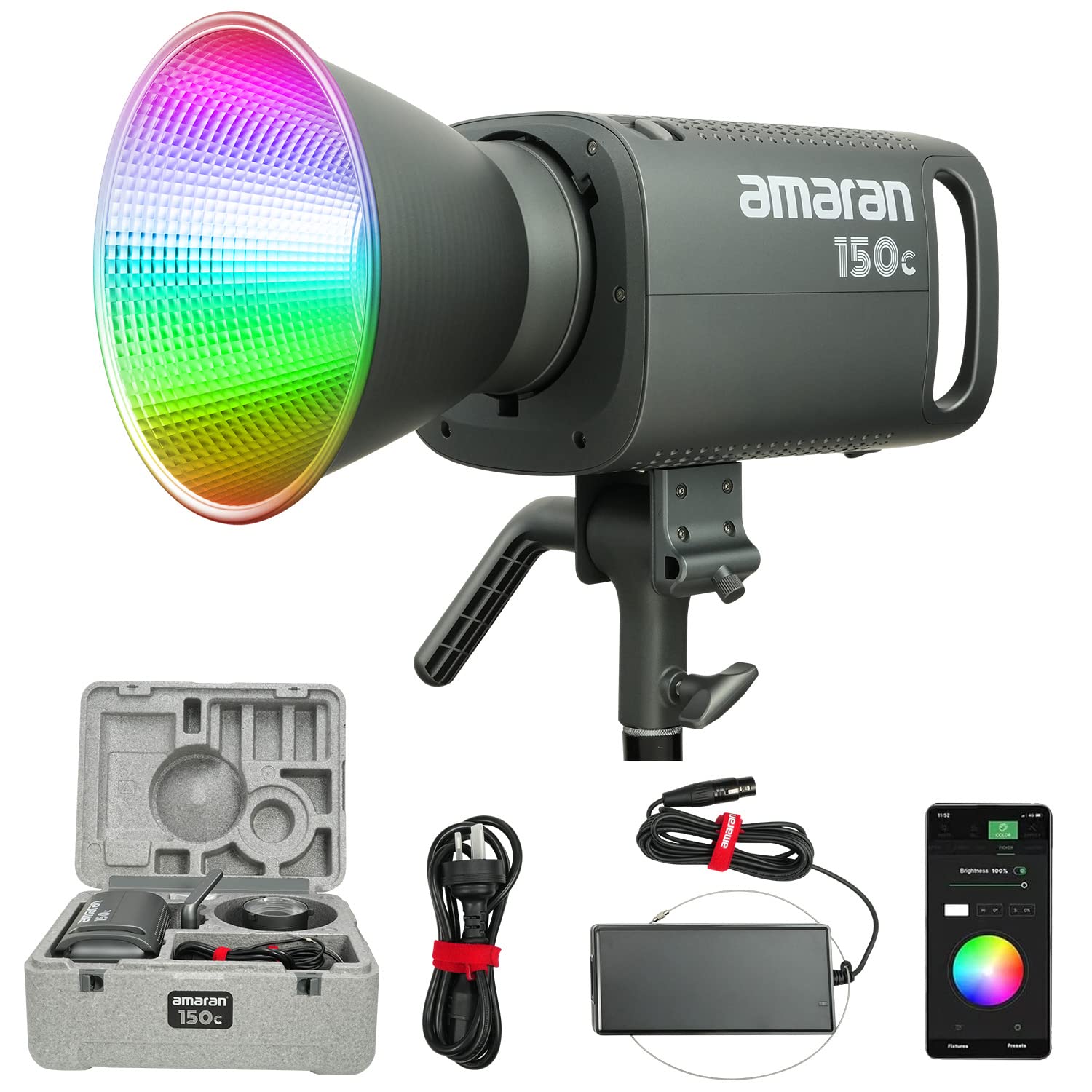 Aputureamaran 150c Video Light, RGB Studio Light 150W Output Bowens Mount Point-Source LED Video Light, 15,610 lux @ 1m 2,500K ~7,500K CCT, APP Control 9 System FX Lighting (amaran 150c Grey)