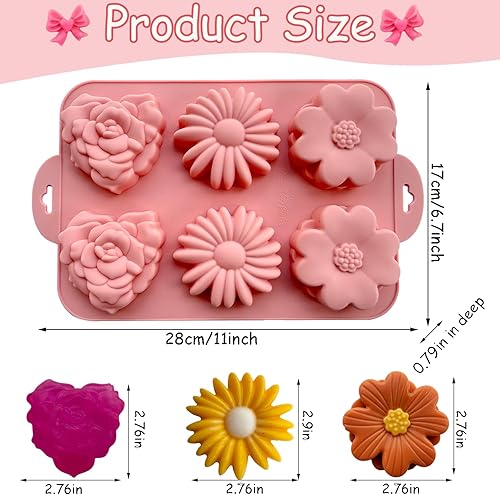 Miniatura 5 de Paquete de 2 moldes de silicona para tartas de flores para hornear, 6 cavidades 3D de margaritas 3D, moldes de chocolate rosa para hacer mousse,