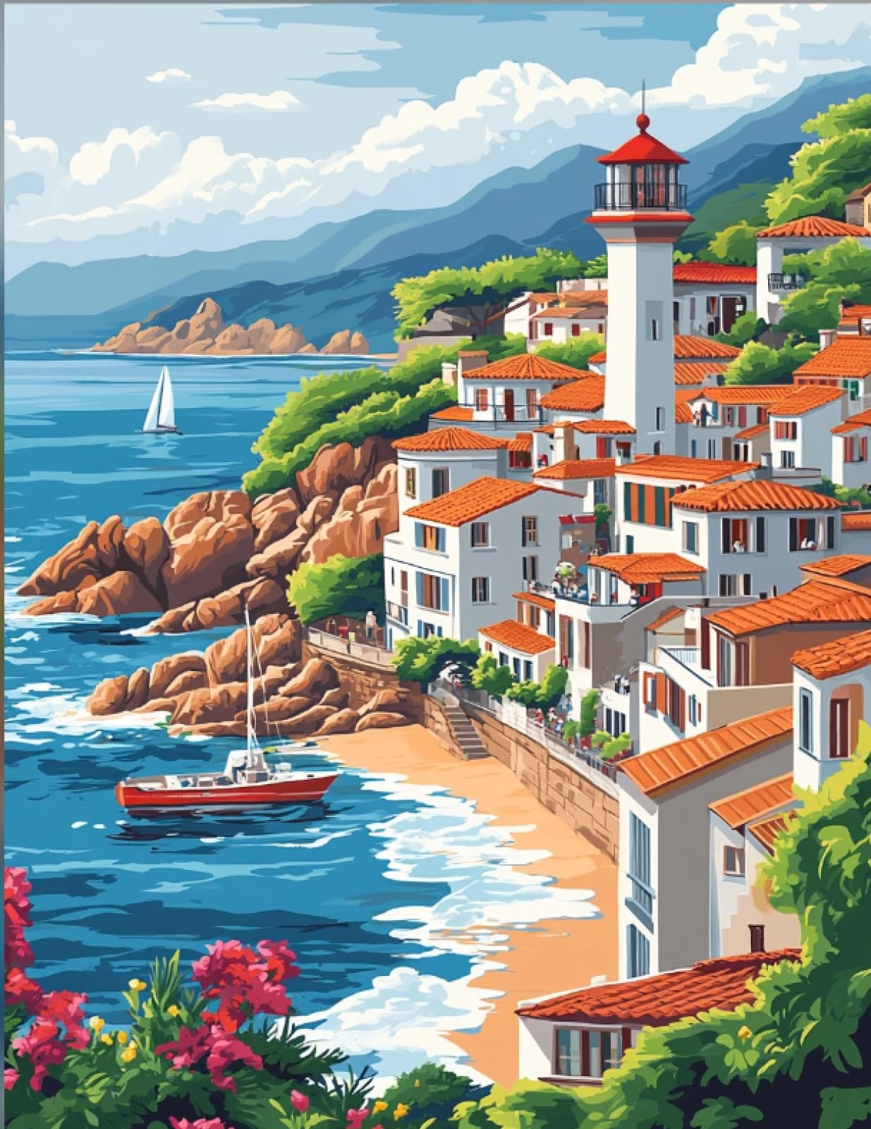 Stithej Pre-Printed Cross Stitch Kit Seaside Town 11CT for Beginner