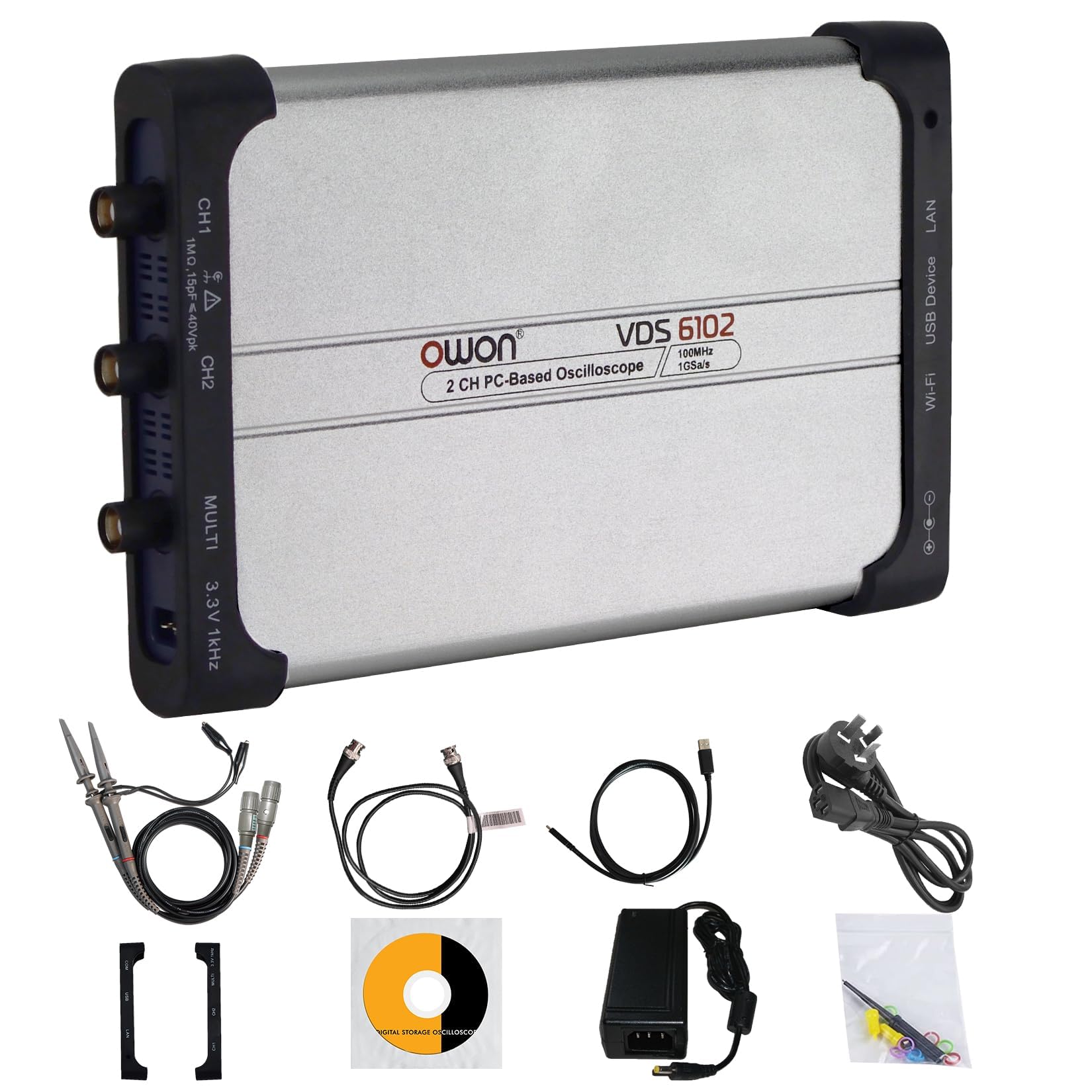 OWON VDS6102 PC Osciloscopio de 2 Canales, Osciloscopio USB, Resolución Vertical de 8 Bits, Ancho de Banda de 100 MHz, Generador de Señ Resolución Vertical de 8 Bits, Ancho de Banda de 100 MHz