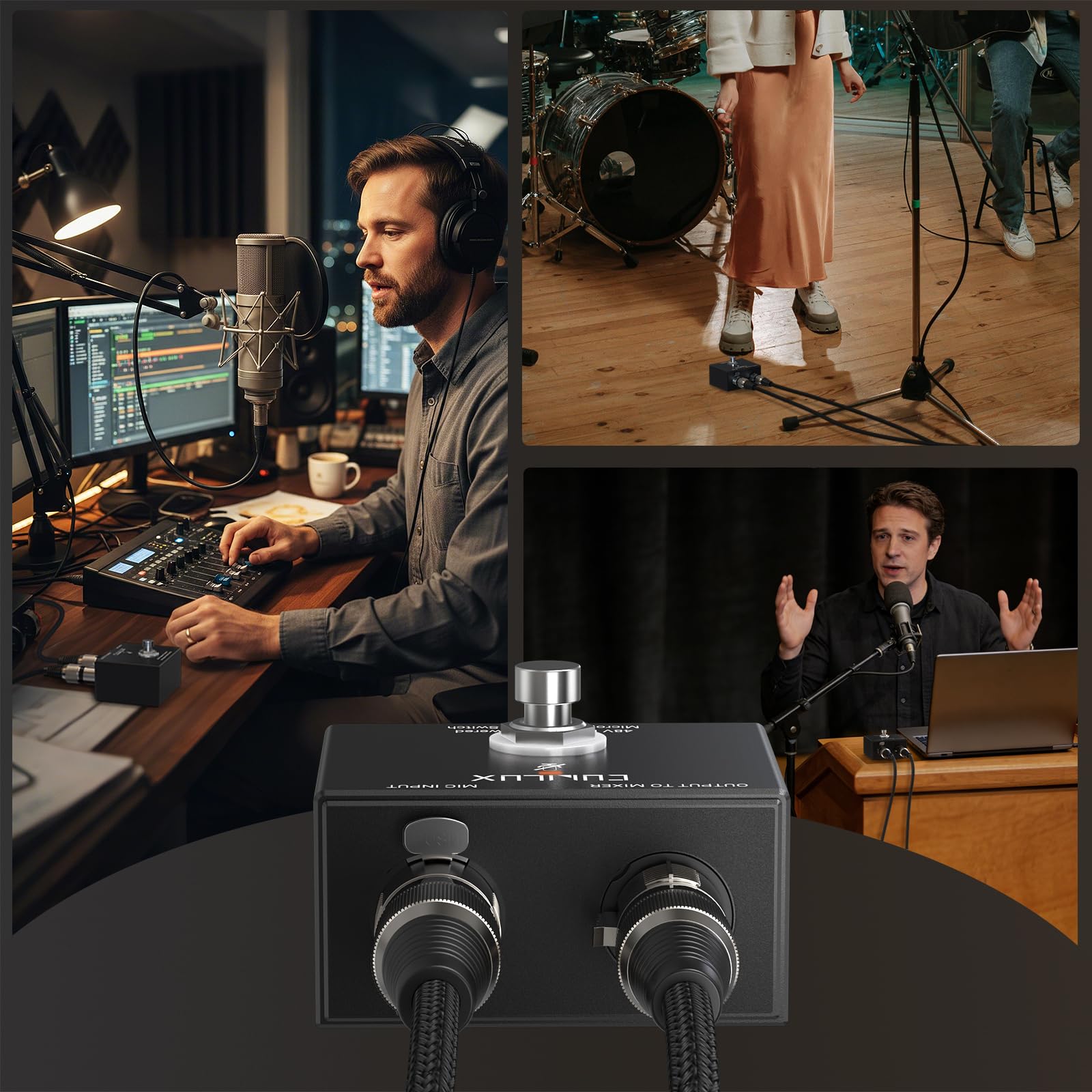 Cubilux MMX-3 interruttore mute XLR a pedale per microfono a condensatore 48V, controllo mano/piede, corpo in alluminio, switch in-line mic on/off per studio, streaming, broadcast e palco